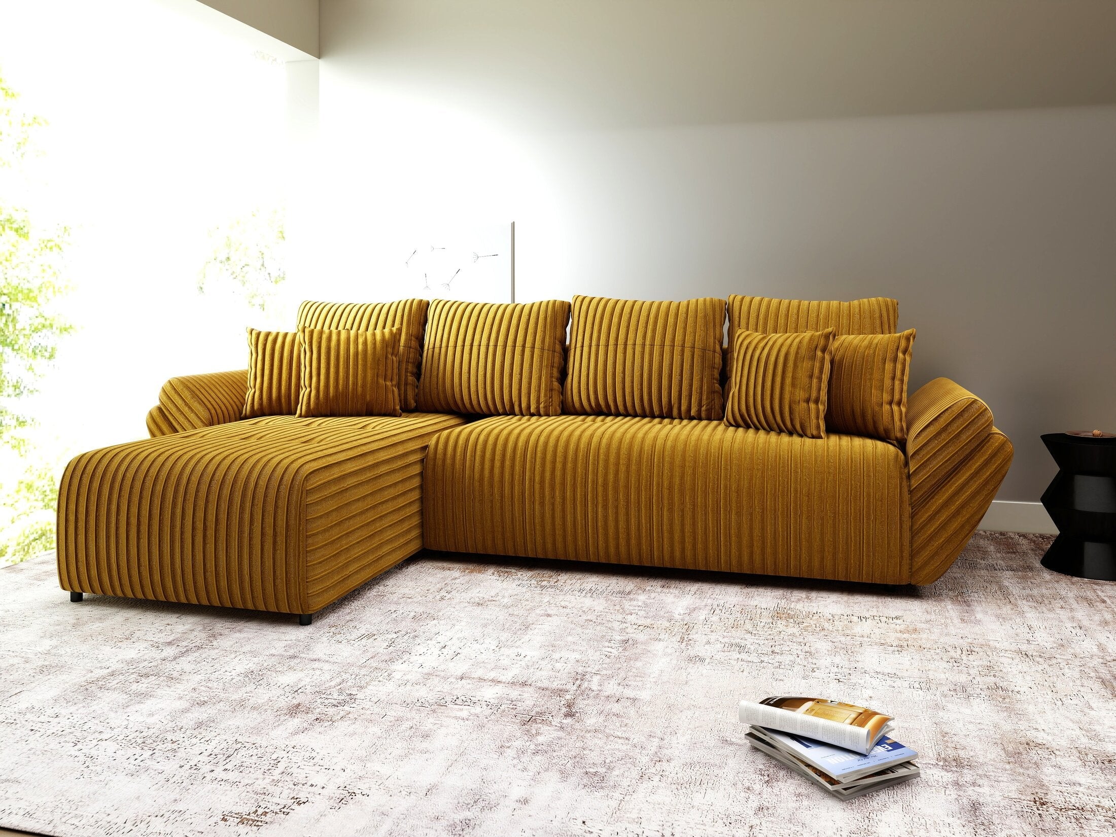 Colțar extensibil dumonde cu ladă de depozitare si sezut confortabil din spuma high-density, Berlin XL Ambience Mustar 350x185 cm