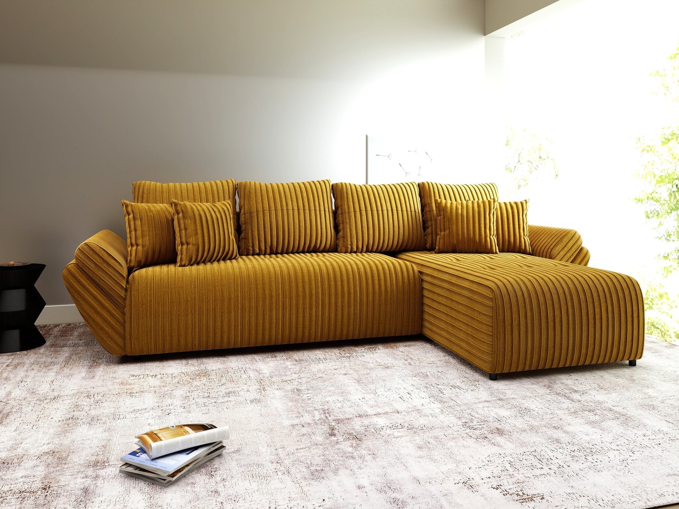 Colțar extensibil dumonde cu ladă de depozitare si sezut confortabil din spuma high-density, Berlin XL Ambience Mustar II 350x185 cm