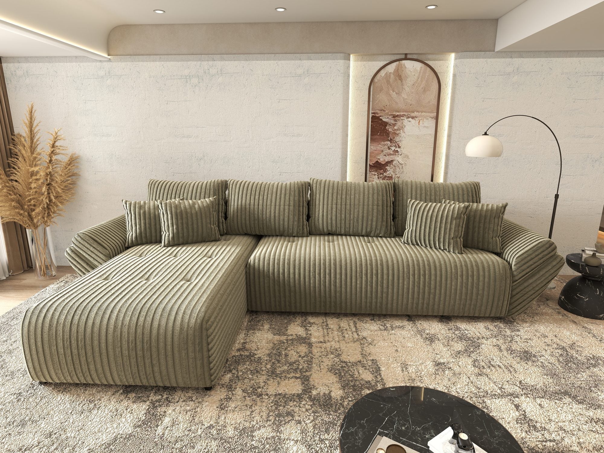 Colțar extensibil dumonde cu ladă de depozitare si sezut confortabil din spuma high-density, Berlin XL Tilia Verde Olive 37 350x185 cm