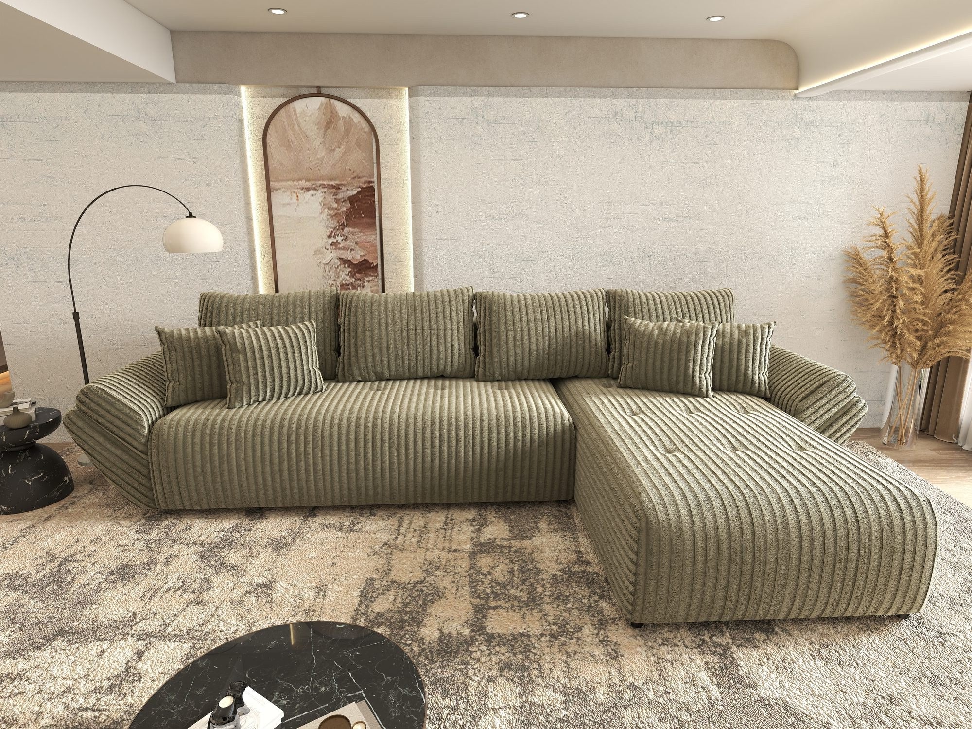 Colțar extensibil dumonde cu ladă de depozitare si sezut confortabil din spuma high-density, Berlin XL Tilia Verde Olive 37 II 350x185 cm