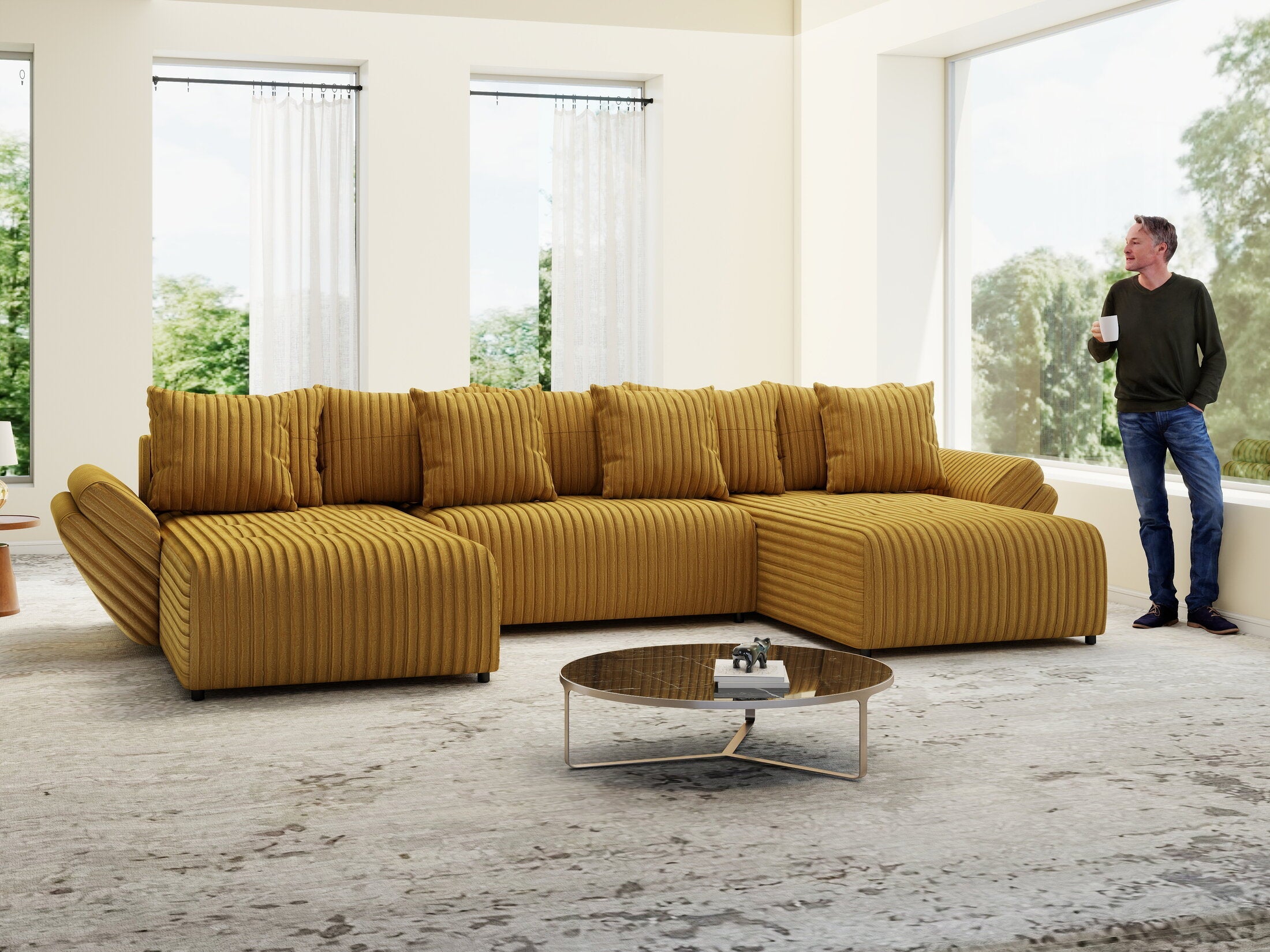 Colțar extensibil dumonde cu ladă de depozitare si sezut confortabil din spuma high-density, Berlin U Ambiance Mustar 400x185 cm