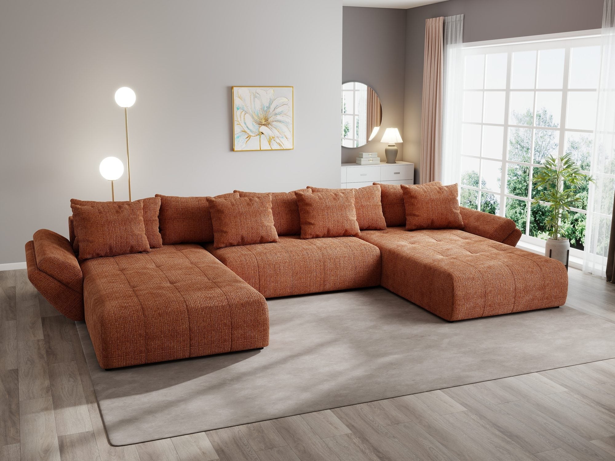 Colțar extensibil dumonde cu ladă de depozitare si sezut confortabil din spuma high-density, Berlin U Cremona Teracota 52 380x180 cm