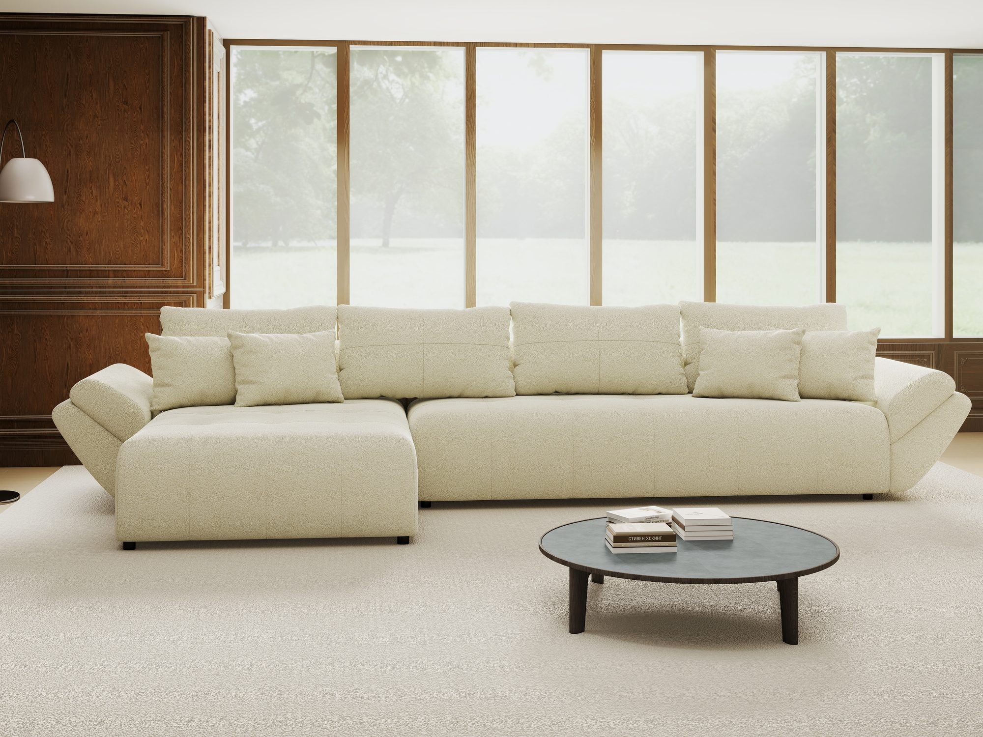 Colțar extensibil dumonde cu ladă de depozitare si sezut confortabil din spuma high-density, Berlin XL Quelle Bej 02 350x185 cm