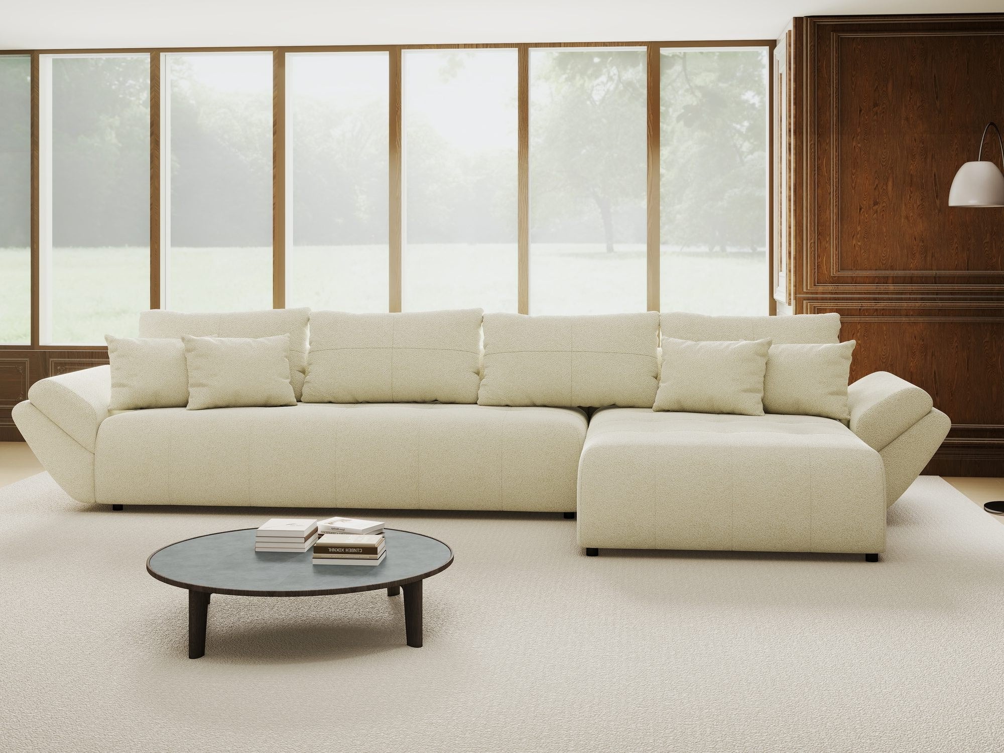 Colțar extensibil dumonde cu ladă de depozitare si sezut confortabil din spuma high-density, Berlin XL Quelle Bej 02 II 350x185 cm