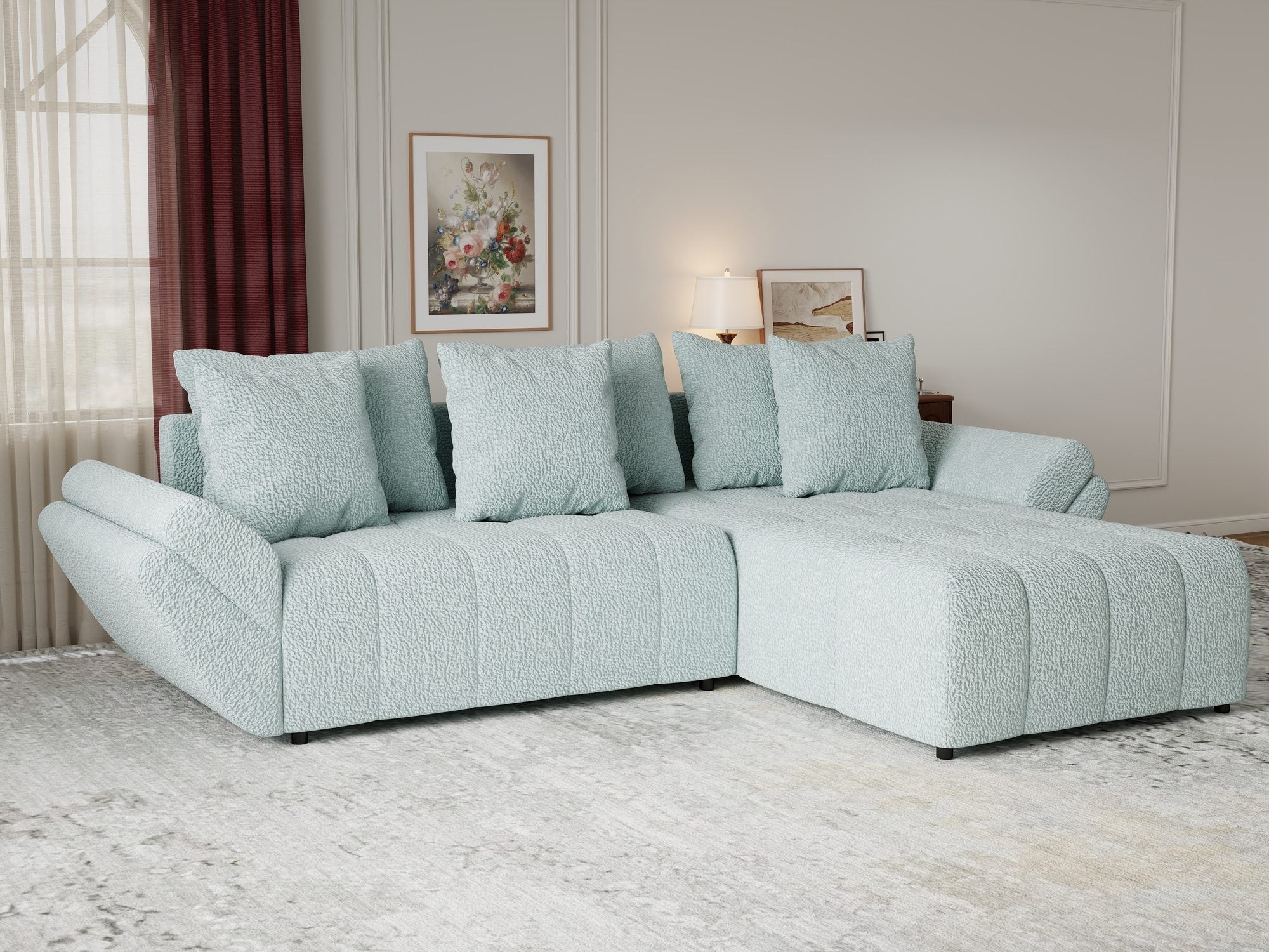 Colțar extensibil dumonde cu ladă de depozitare si sezut confortabil din spuma high-density, Berlin Jaguar Verde Mint 16 II 280x185 cm
