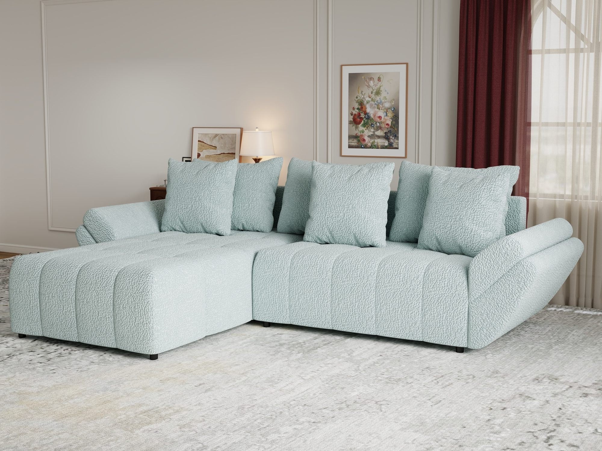 Colțar extensibil dumonde cu ladă de depozitare si sezut confortabil din spuma high-density, Berlin Jaguar Verde Mint 16 280x185 cm