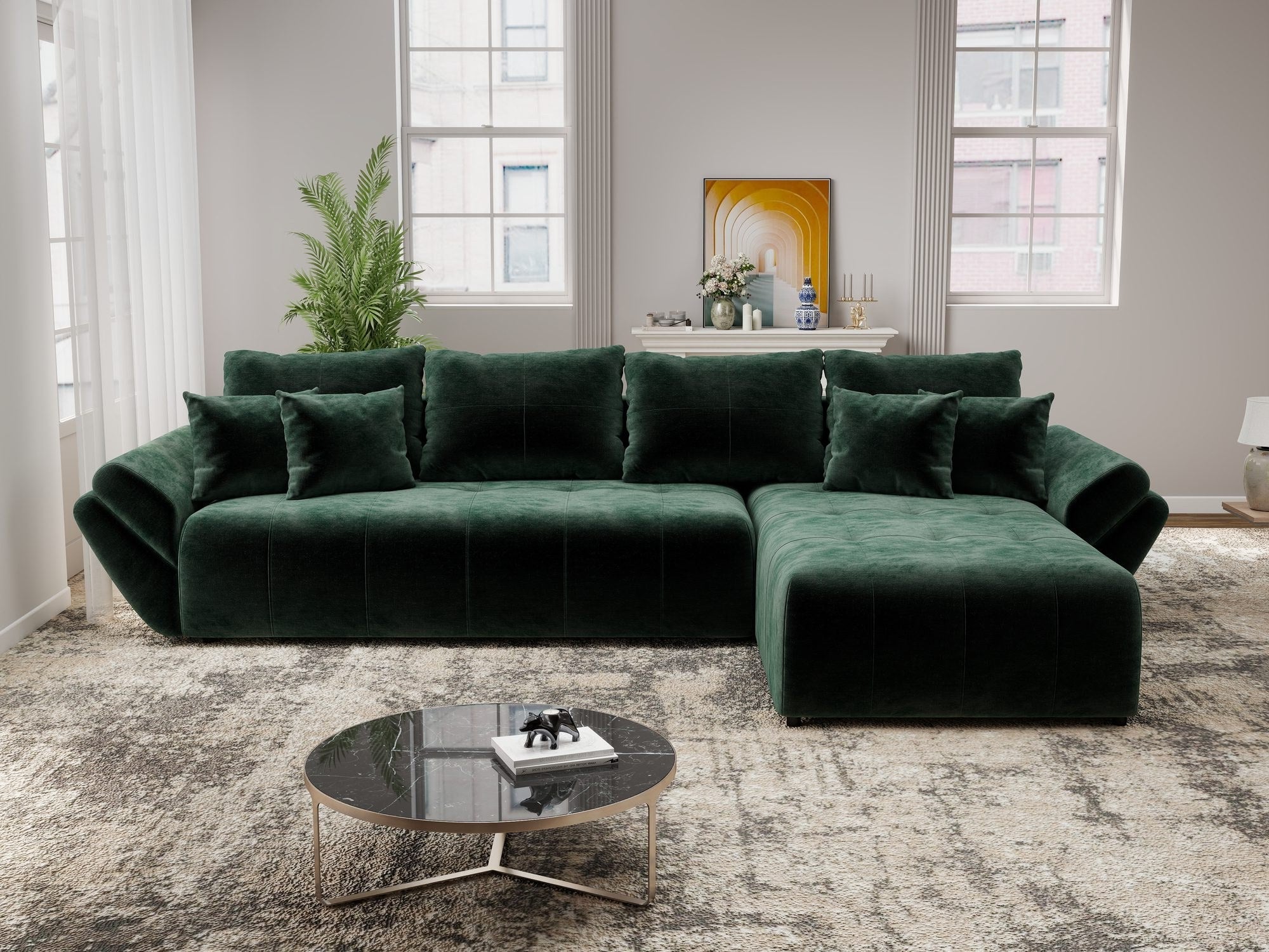Colțar extensibil dumonde cu ladă de depozitare si sezut confortabil din spuma high-density, Berlin XL Monolith Verde 37 II 350x185 cm