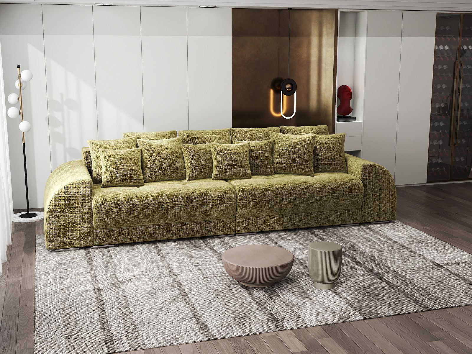 Canapea extensibilă dumonde cu 2 lăzi de depozitare si sezut confortabil din spuma high-density, Verona Cremona Olive 38 310x100 cm