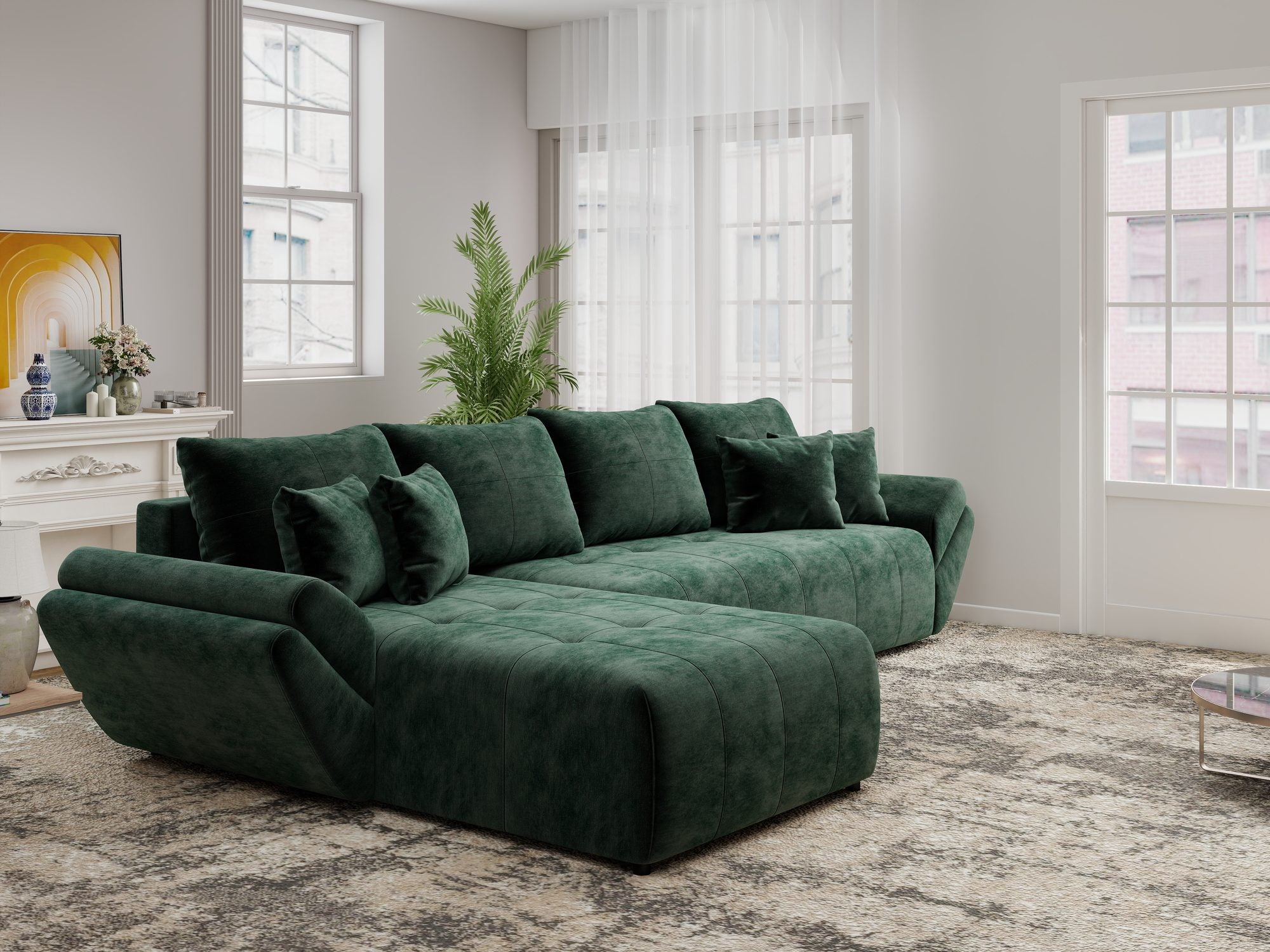Colțar extensibil dumonde cu ladă de depozitare si sezut confortabil din spuma high-density, Berlin XL Monolith Verde 37 350x185 cm