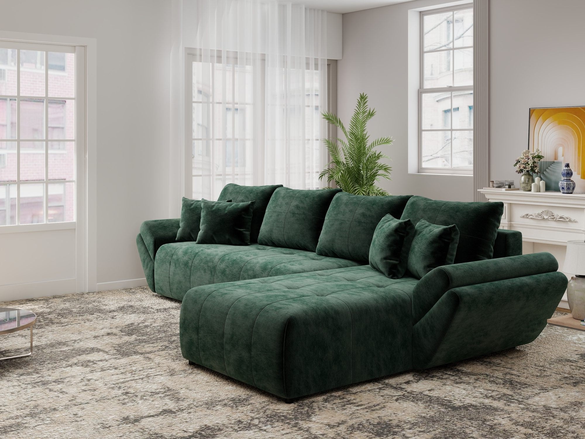 Colțar extensibil dumonde cu ladă de depozitare si sezut confortabil din spuma high-density, Berlin XL Monolith Verde 37 II 350x185 cm