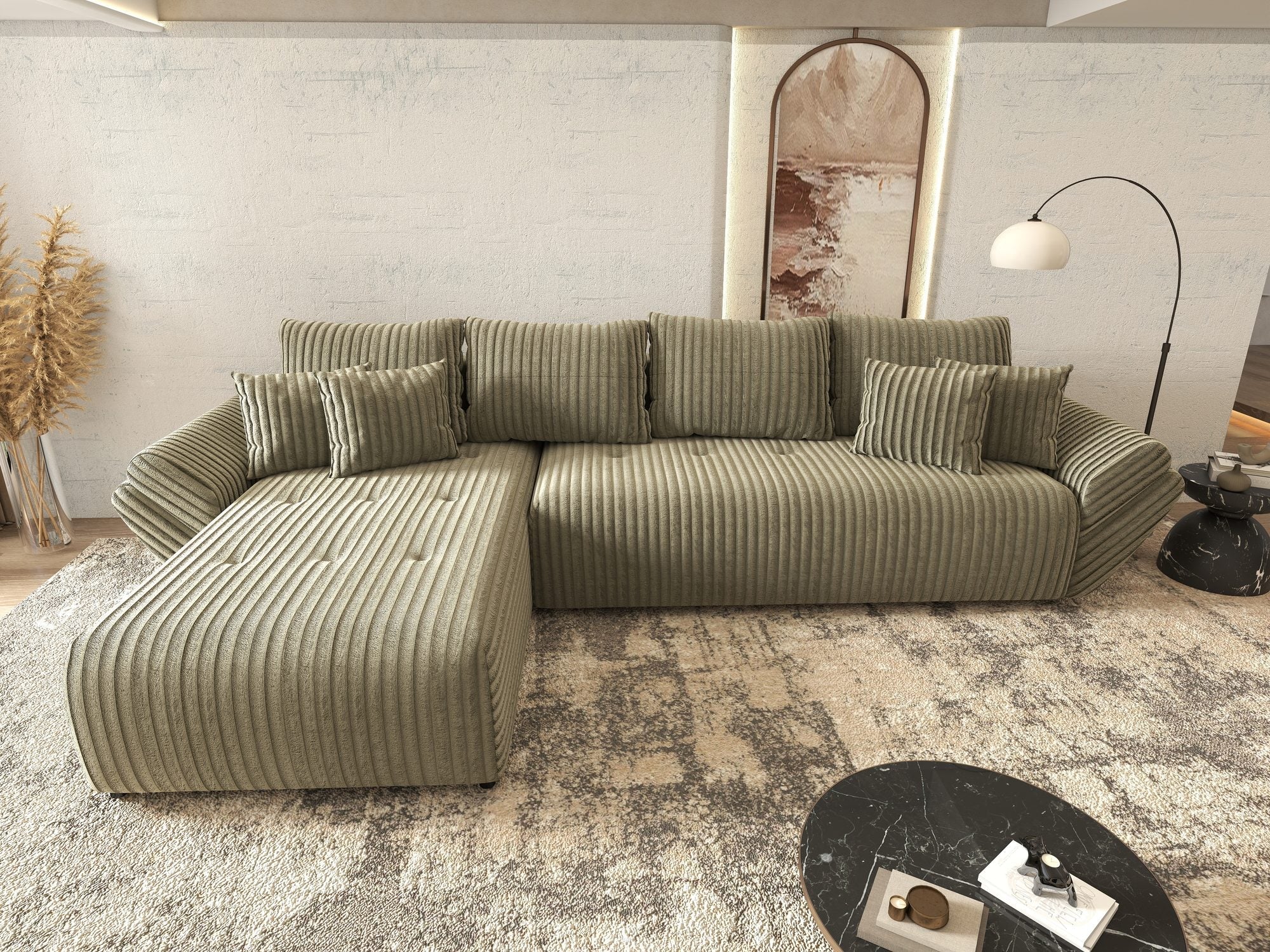 Colțar extensibil dumonde cu ladă de depozitare si sezut confortabil din spuma high-density, Berlin XL Tilia Verde Olive 37 350x185 cm