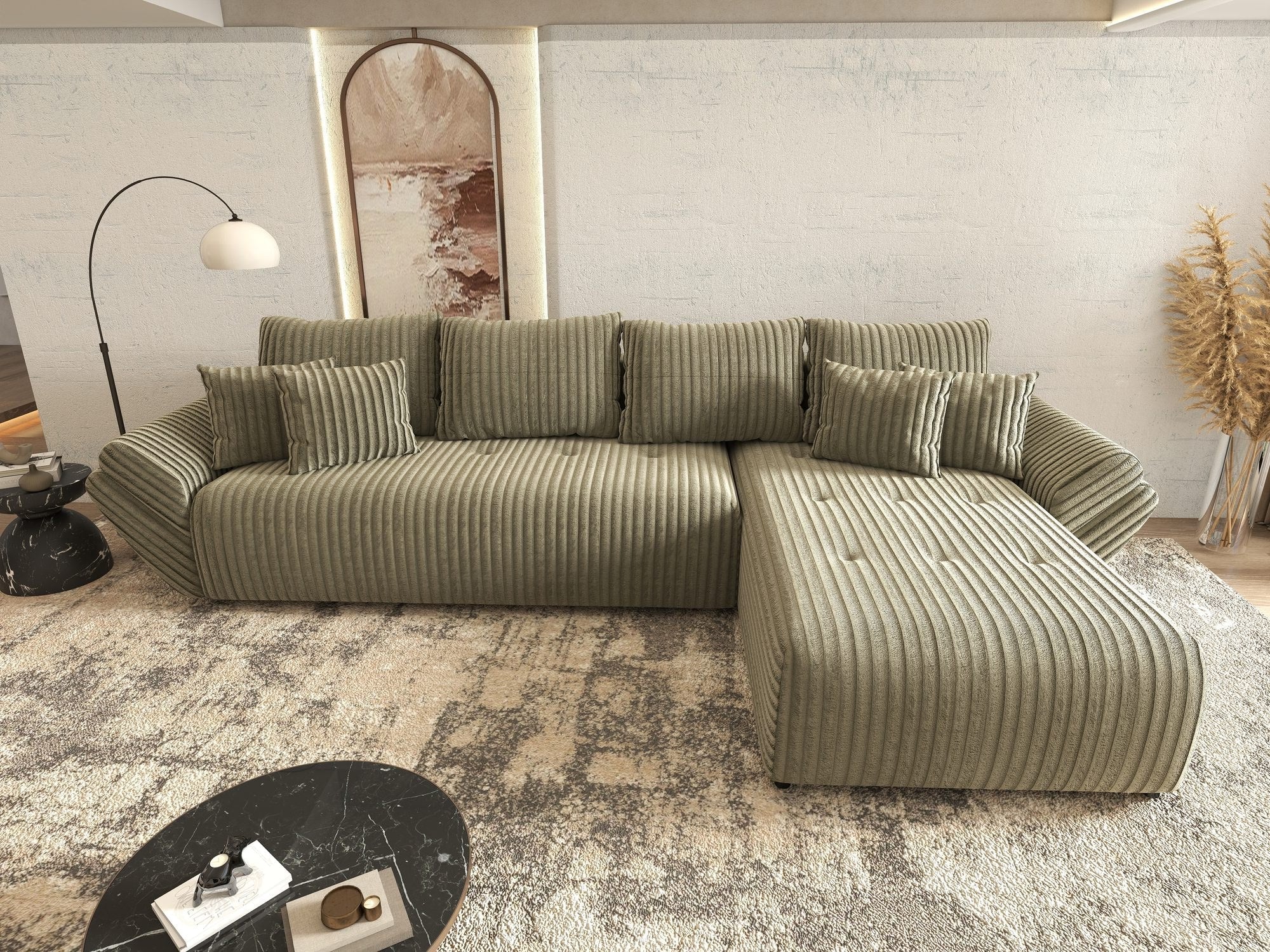 Colțar extensibil dumonde cu ladă de depozitare si sezut confortabil din spuma high-density, Berlin XL Tilia Verde Olive 37 II 350x185 cm