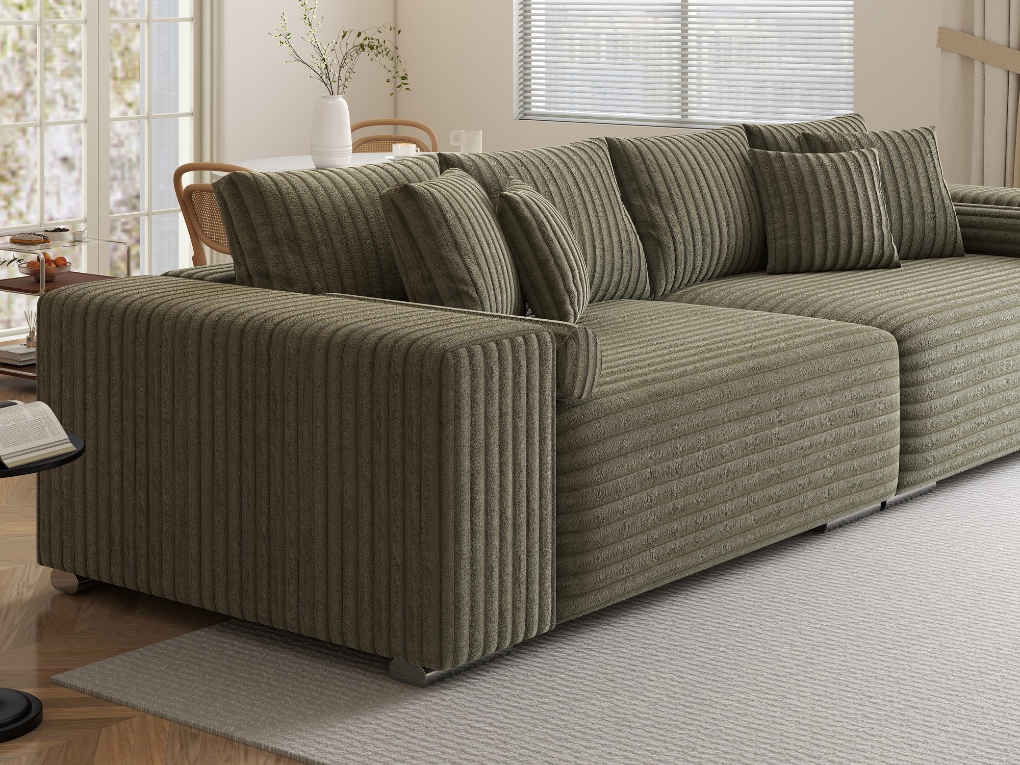 Canapea extensibilă dumonde cu ladă de depozitare si sezut confortabil din spuma high-density, Marbela XXL Tilia Verde Olive 37 290x100 cm