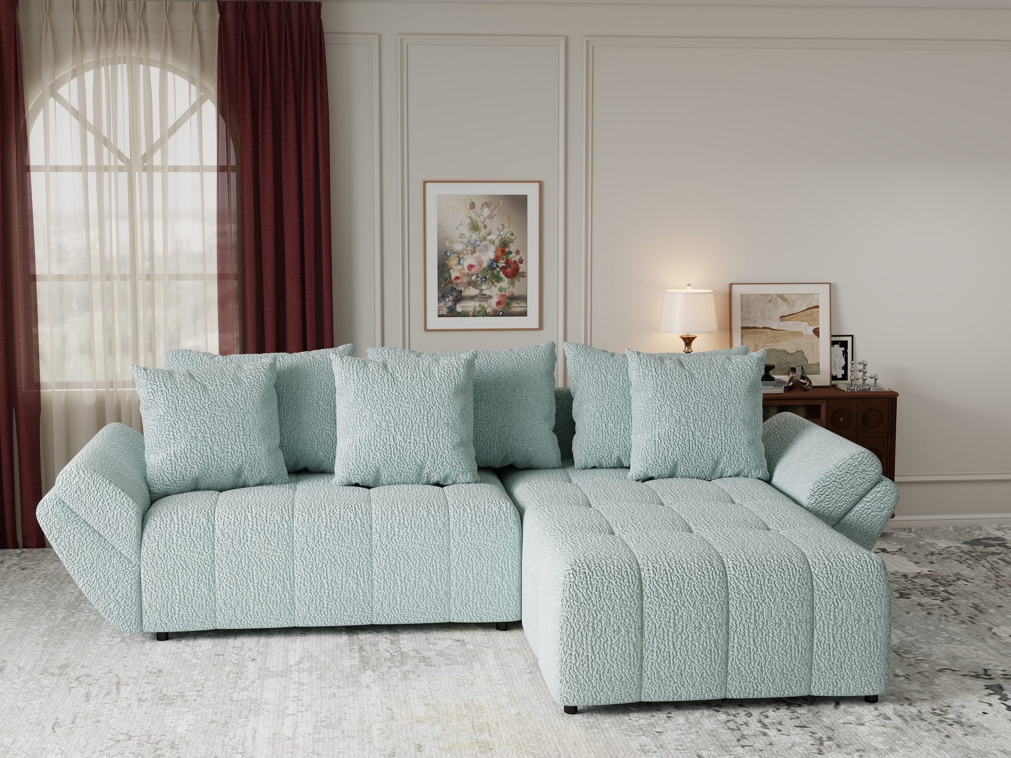 Colțar extensibil dumonde cu ladă de depozitare si sezut confortabil din spuma high-density, Berlin Jaguar Verde Mint 16 II 280x185 cm