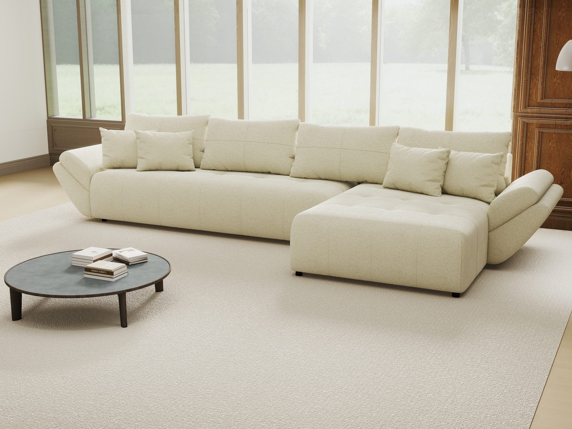Colțar extensibil dumonde cu ladă de depozitare si sezut confortabil din spuma high-density, Berlin XL Quelle Bej 02 II 350x185 cm