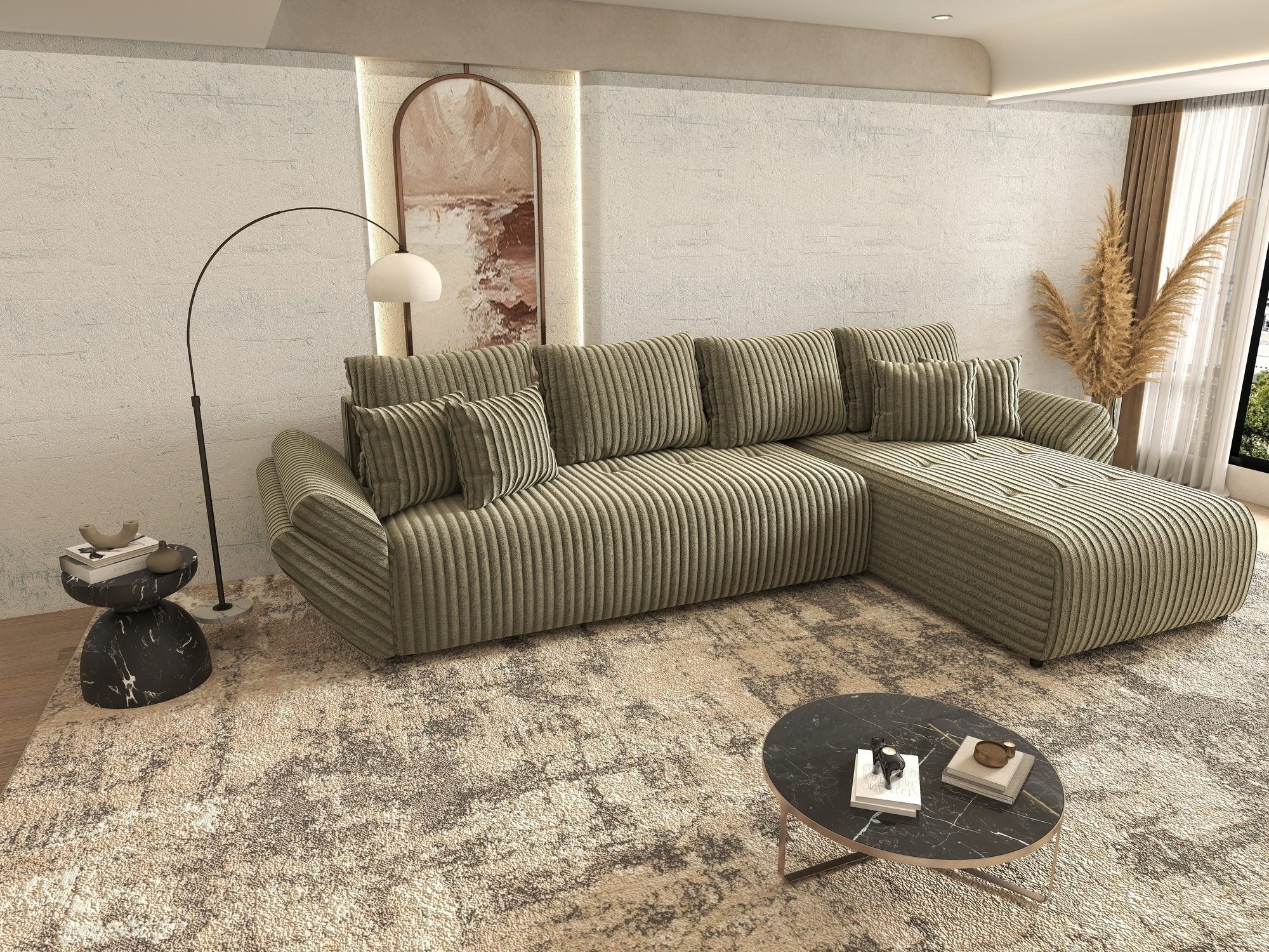 Colțar extensibil dumonde cu ladă de depozitare si sezut confortabil din spuma high-density, Berlin XL Tilia Verde Olive 37 II 350x185 cm