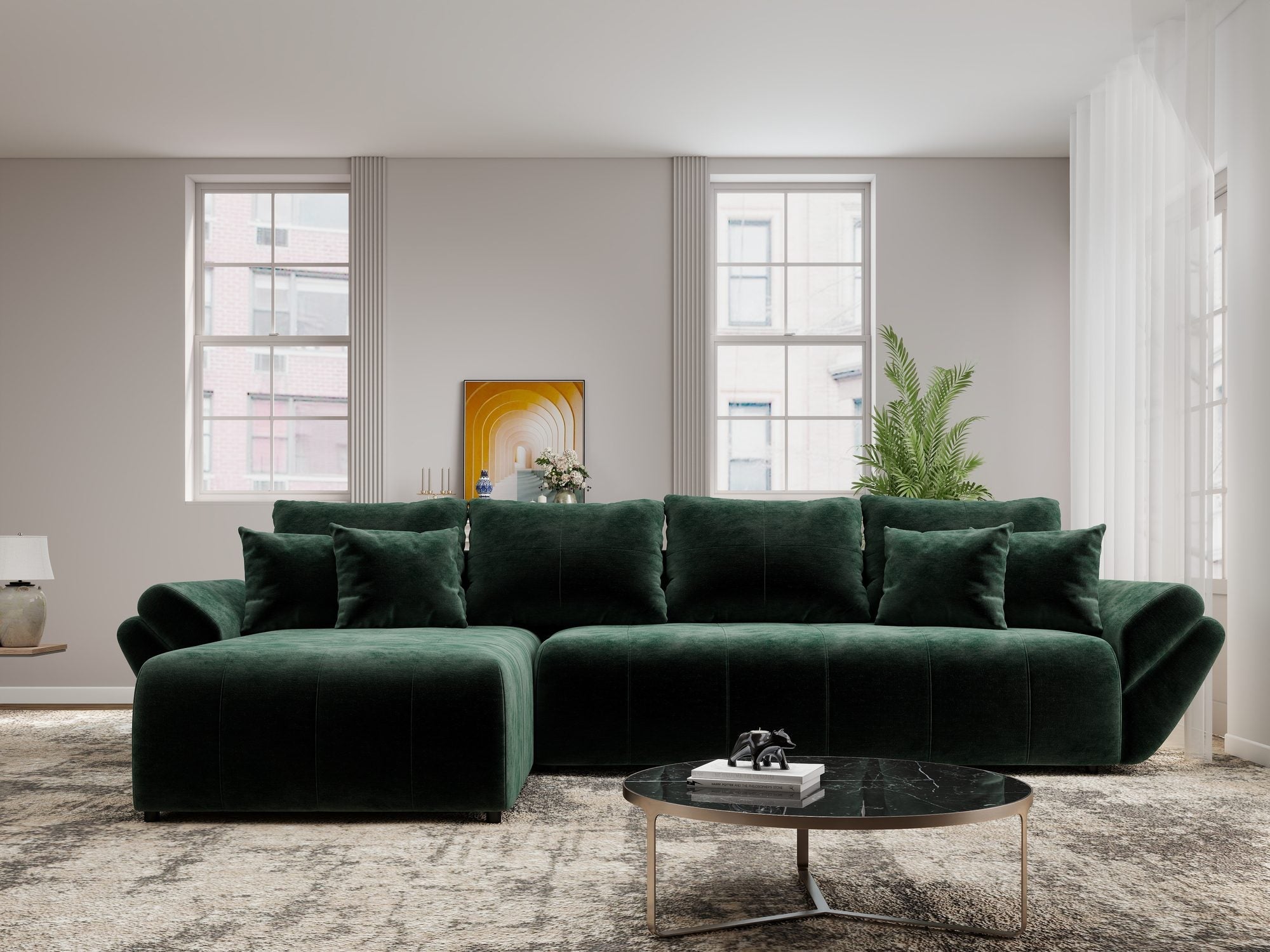 Colțar extensibil dumonde cu ladă de depozitare si sezut confortabil din spuma high-density, Berlin XL Monolith Verde 37 350x185 cm