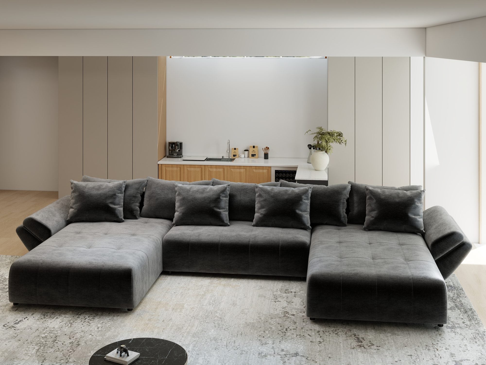 Colțar extensibil dumonde cu ladă de depozitare si sezut confortabil din spuma high-density, Berlin U Monolith Gri Antracit 97 380x180 cm