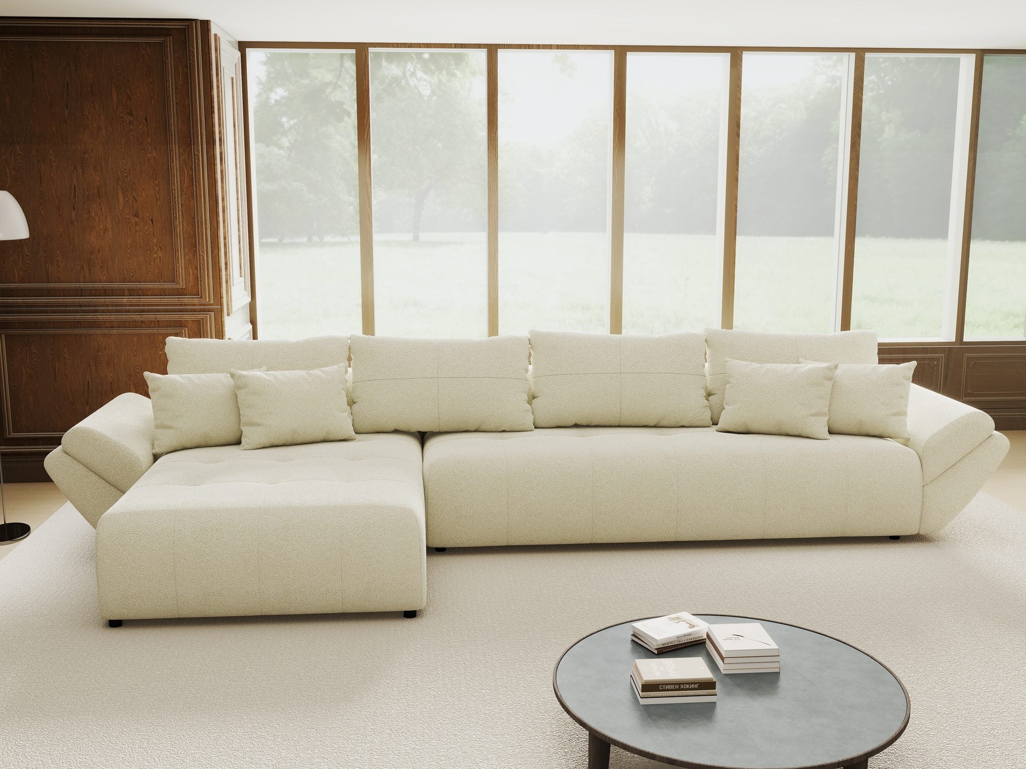 Colțar extensibil dumonde cu ladă de depozitare si sezut confortabil din spuma high-density, Berlin XL Quelle Bej 02 350x185 cm