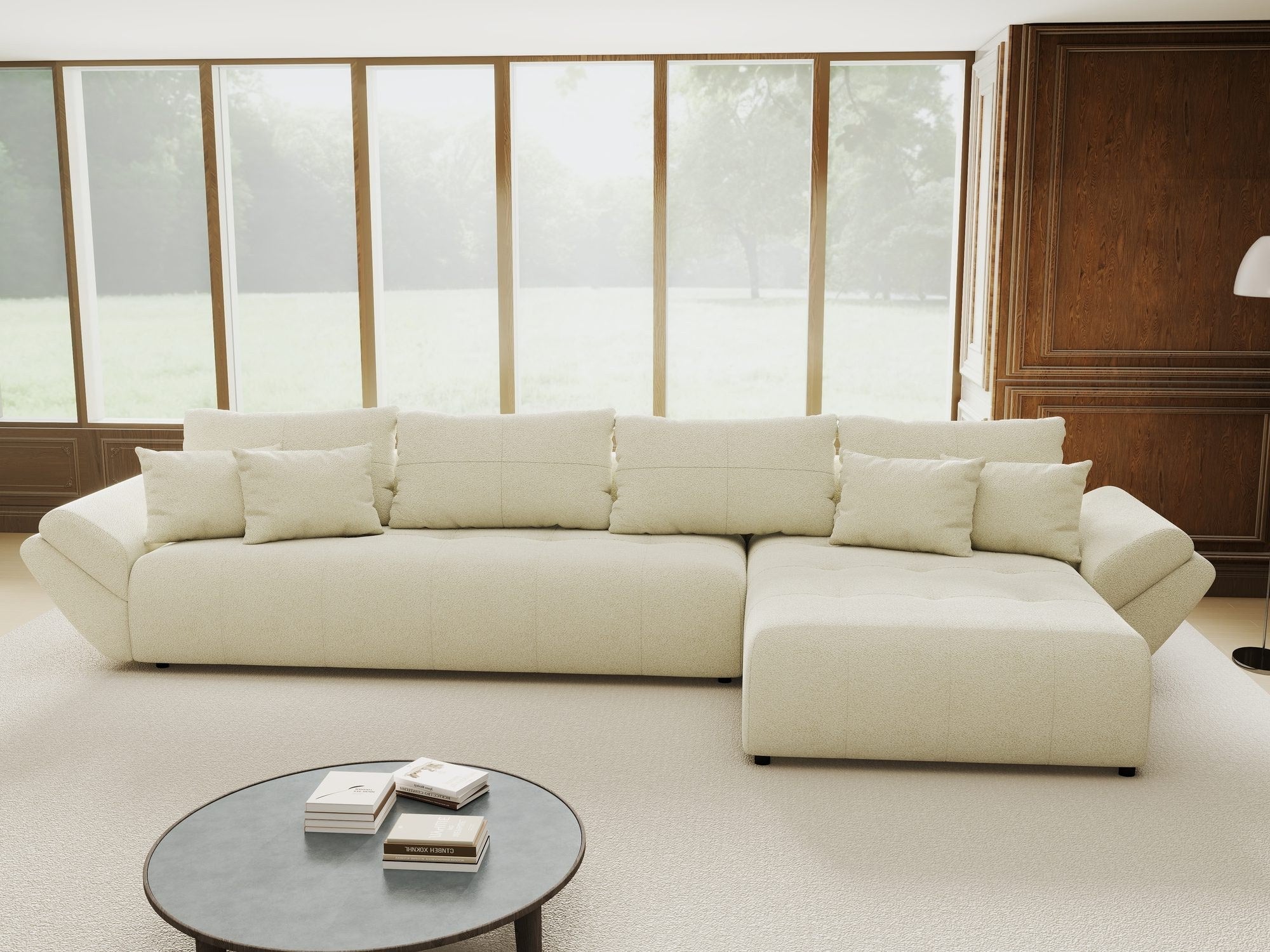 Colțar extensibil dumonde cu ladă de depozitare si sezut confortabil din spuma high-density, Berlin XL Quelle Bej 02 II 350x185 cm
