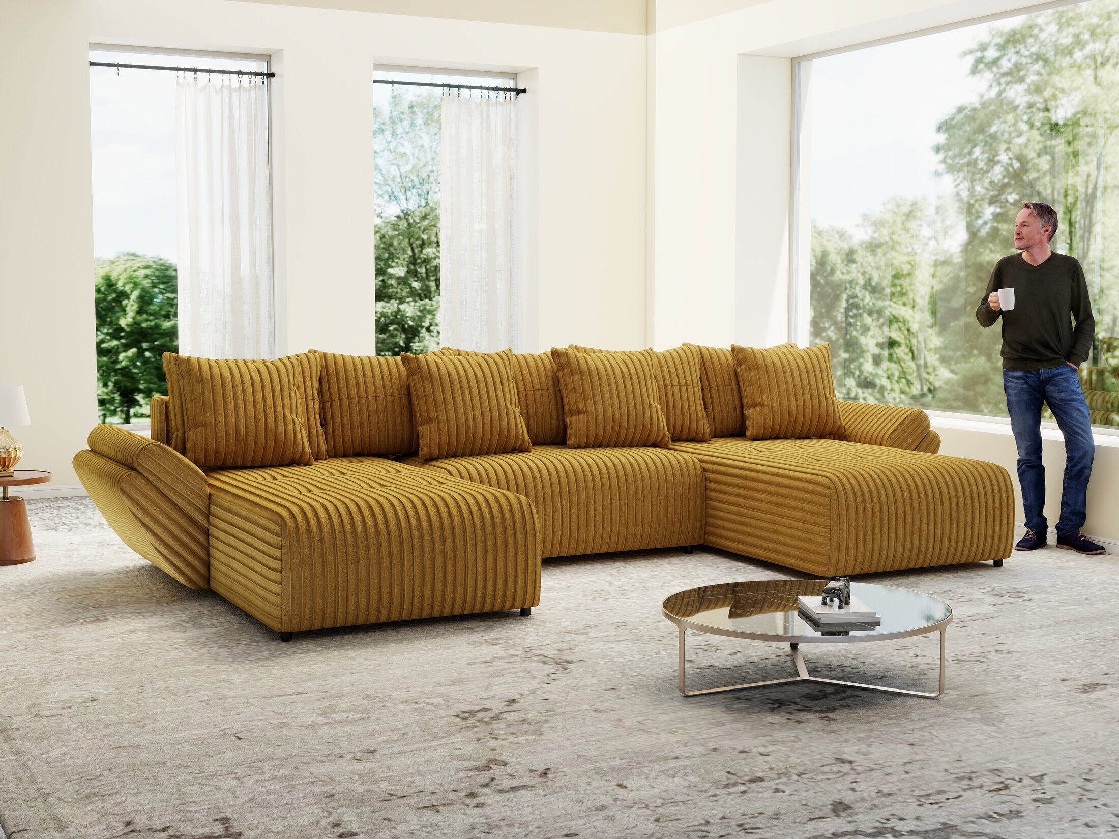Colțar extensibil dumonde cu ladă de depozitare si sezut confortabil din spuma high-density, Berlin U Ambiance Mustar 400x185 cm