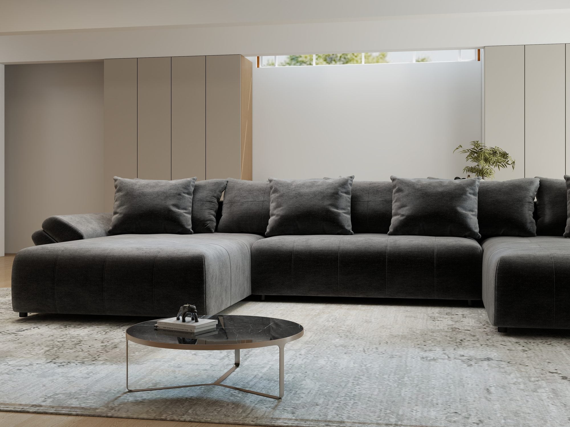 Colțar extensibil dumonde cu ladă de depozitare si sezut confortabil din spuma high-density, Berlin U Monolith Gri Antracit 97 380x180 cm