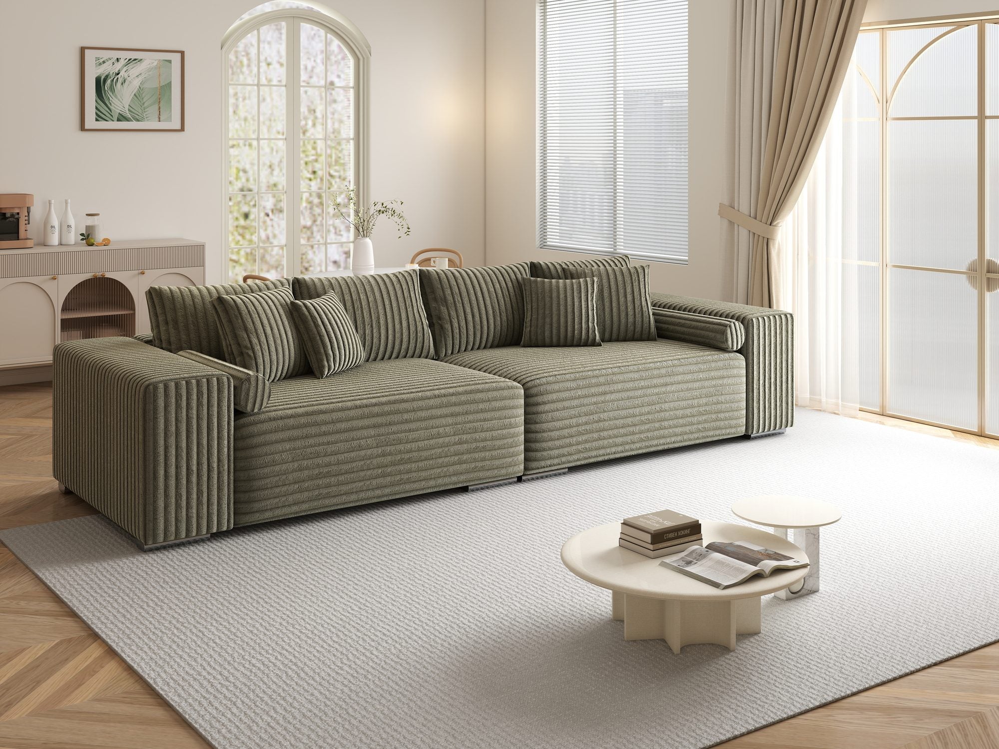Canapea extensibilă dumonde cu ladă de depozitare si sezut confortabil din spuma high-density, Marbela XXL Tilia Verde Olive 37 290x100 cm