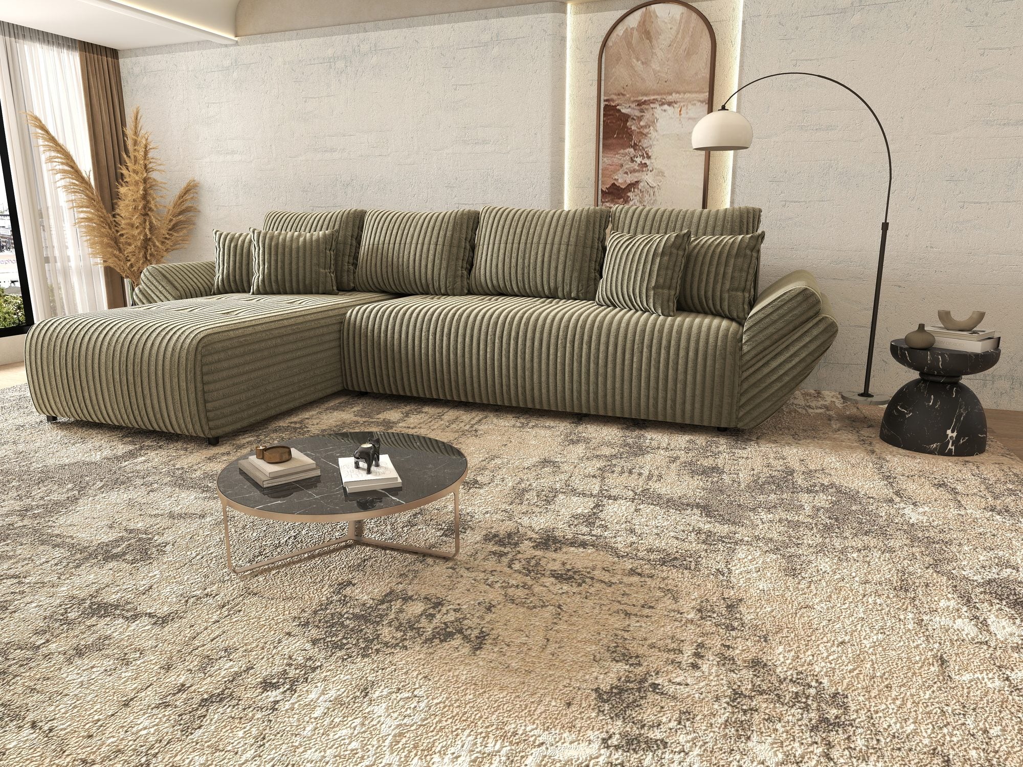 Colțar extensibil dumonde cu ladă de depozitare si sezut confortabil din spuma high-density, Berlin XL Tilia Verde Olive 37 350x185 cm