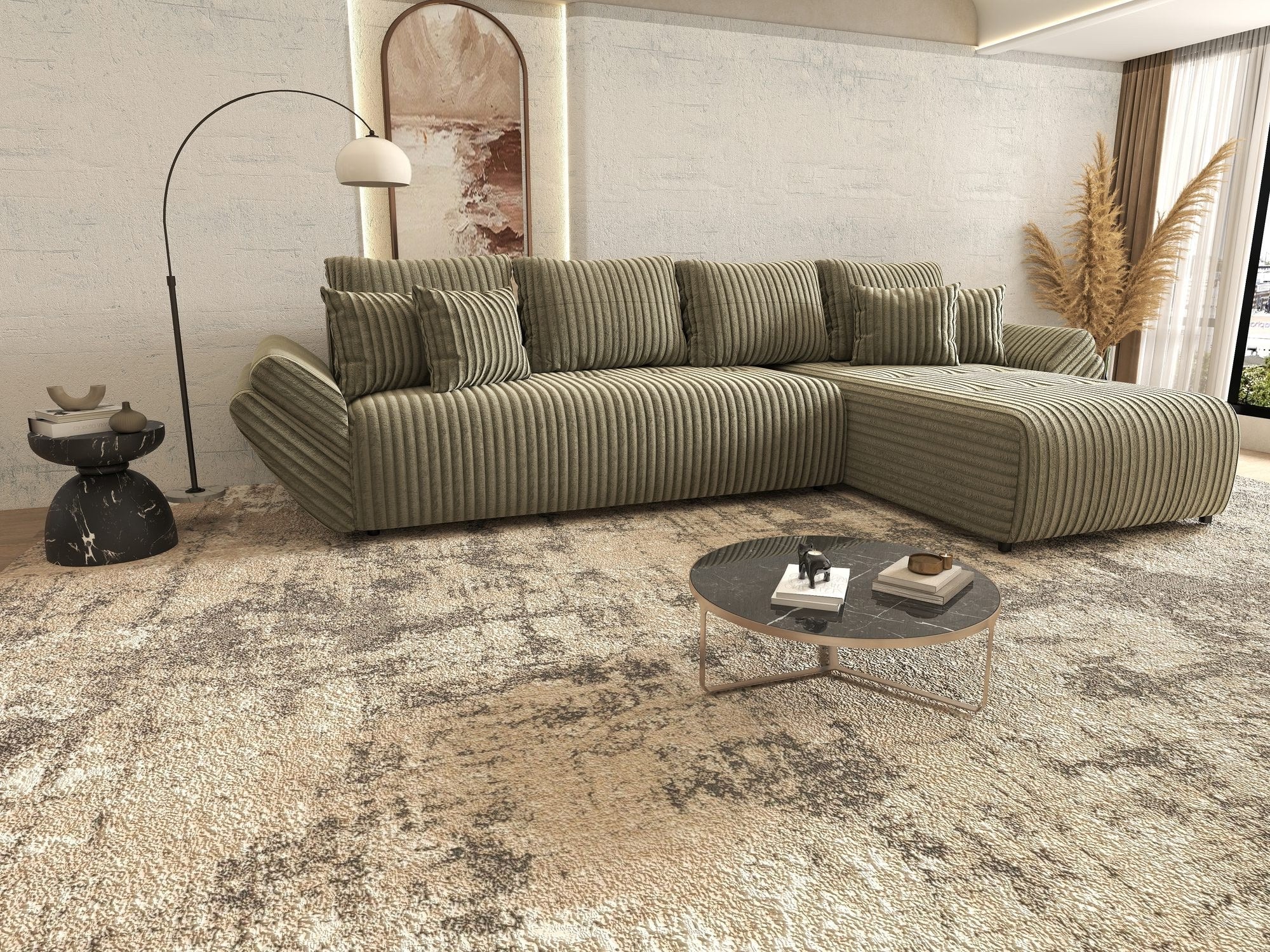 Colțar extensibil dumonde cu ladă de depozitare si sezut confortabil din spuma high-density, Berlin XL Tilia Verde Olive 37 II 350x185 cm