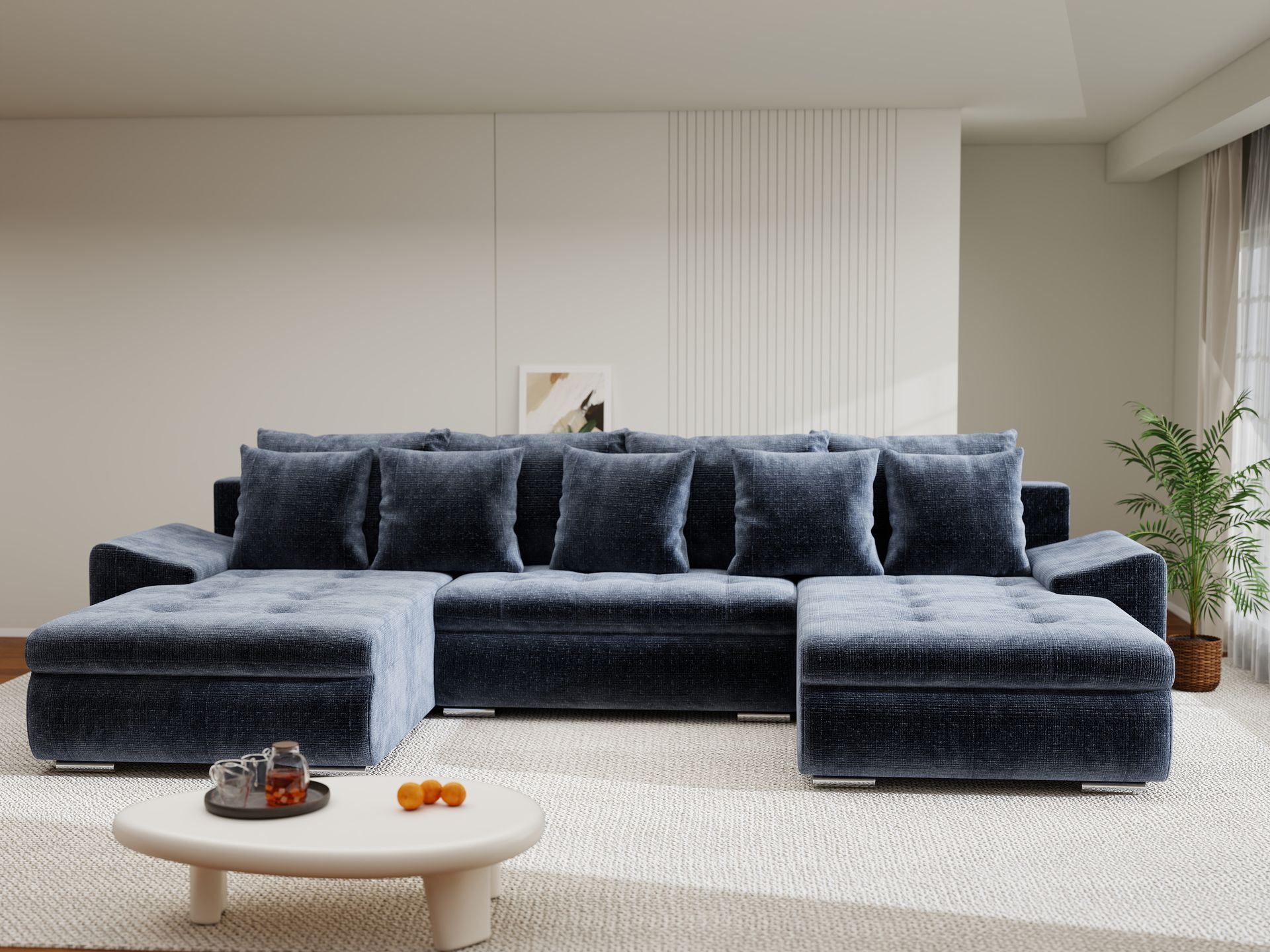 Colțar extensibil dumonde cu ladă de depozitare si sezut confortabil din spuma high-density, Leonardo U Cremona Albastru 79 360x185 cm