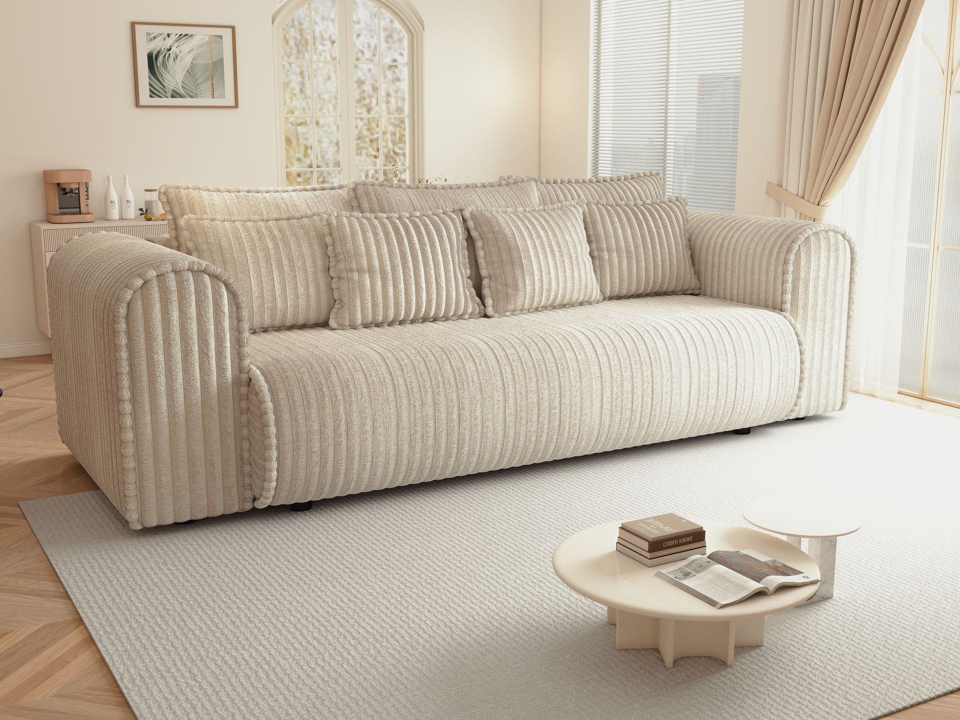 Canapea extensibilă dumonde cu ladă de depozitare si sezut confortabil din spuma high-density, Monaco Mica Tilia Crem 240x100 cm