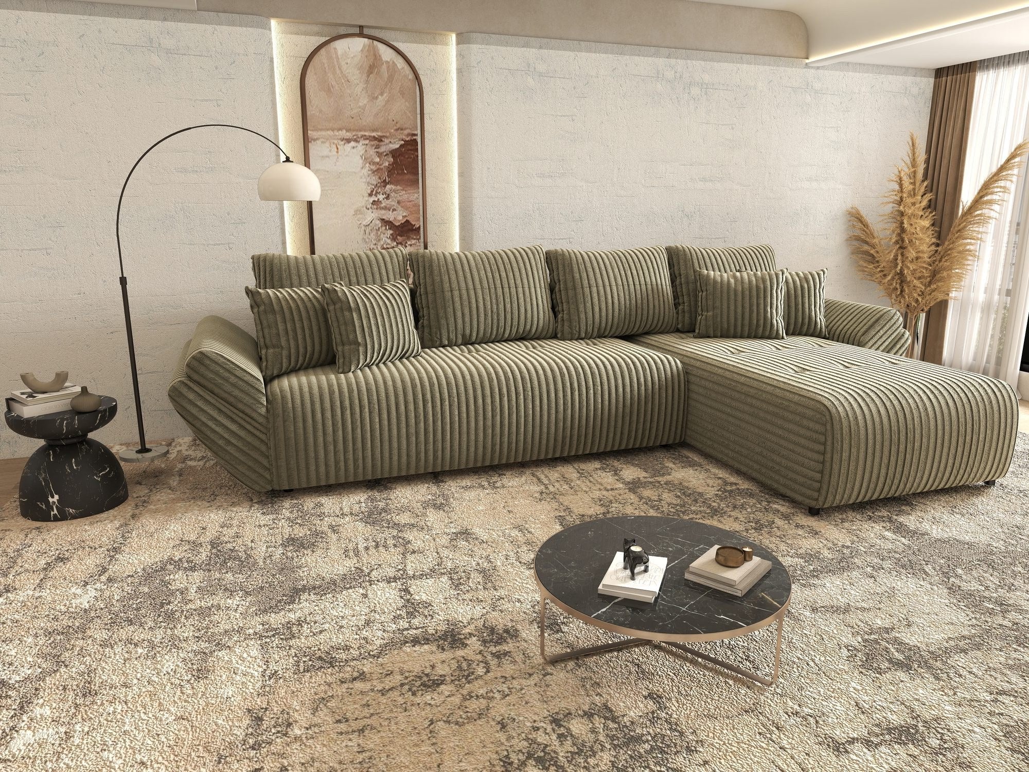 Colțar extensibil dumonde cu ladă de depozitare si sezut confortabil din spuma high-density, Berlin XL Tilia Verde Olive 37 II 350x185 cm