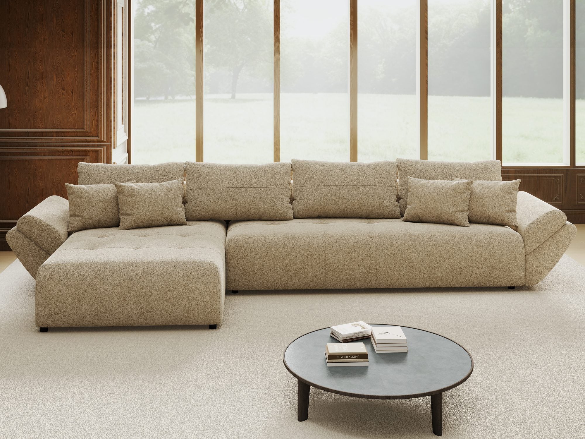 Colțar extensibil dumonde cu ladă de depozitare si sezut confortabil din spuma high-density, Berlin XL Quelle Bej 05 350x185 cm