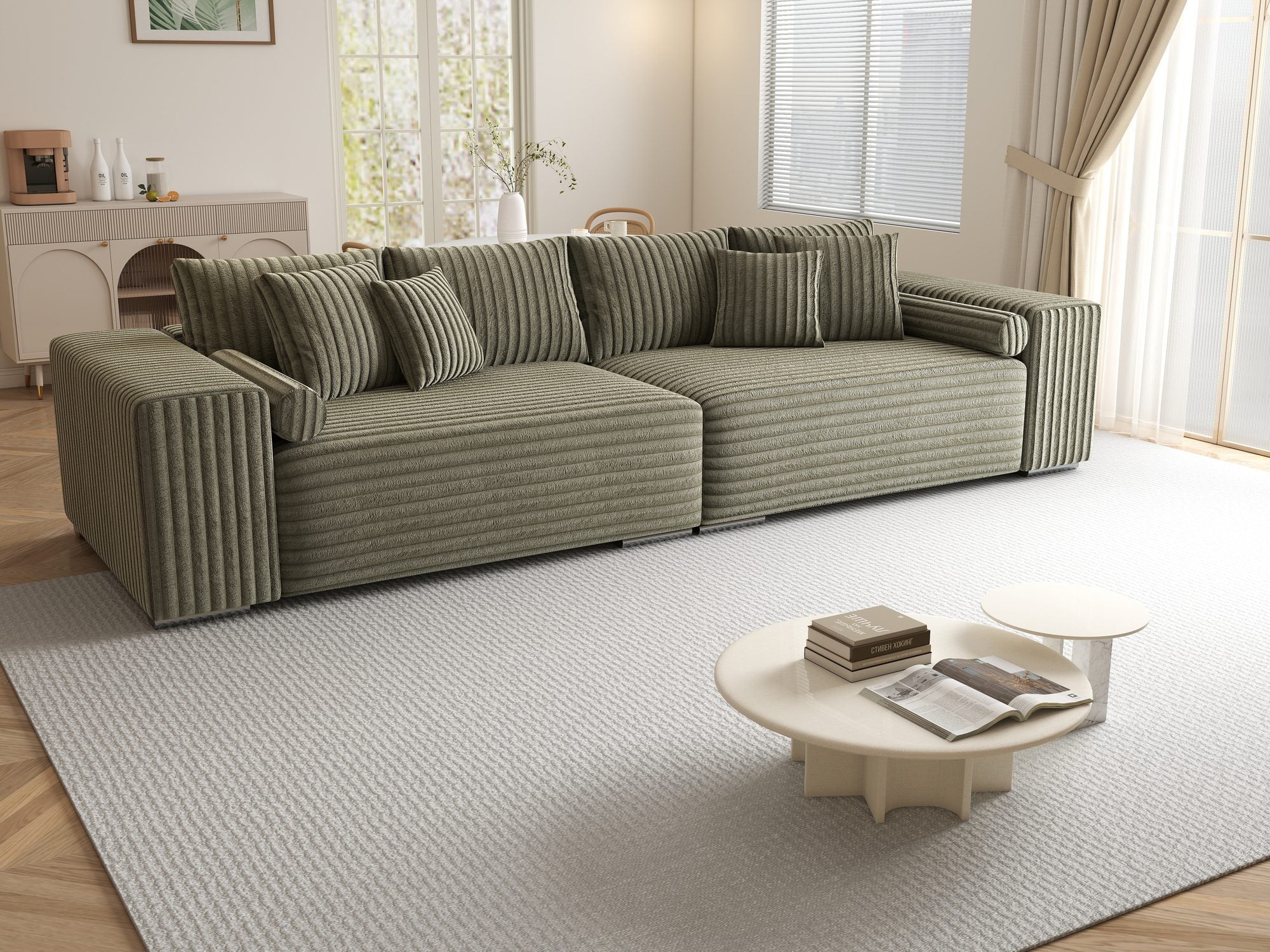 Canapea extensibilă dumonde cu ladă de depozitare si sezut confortabil din spuma high-density, Marbela XXL Tilia Verde Olive 37 290x100 cm