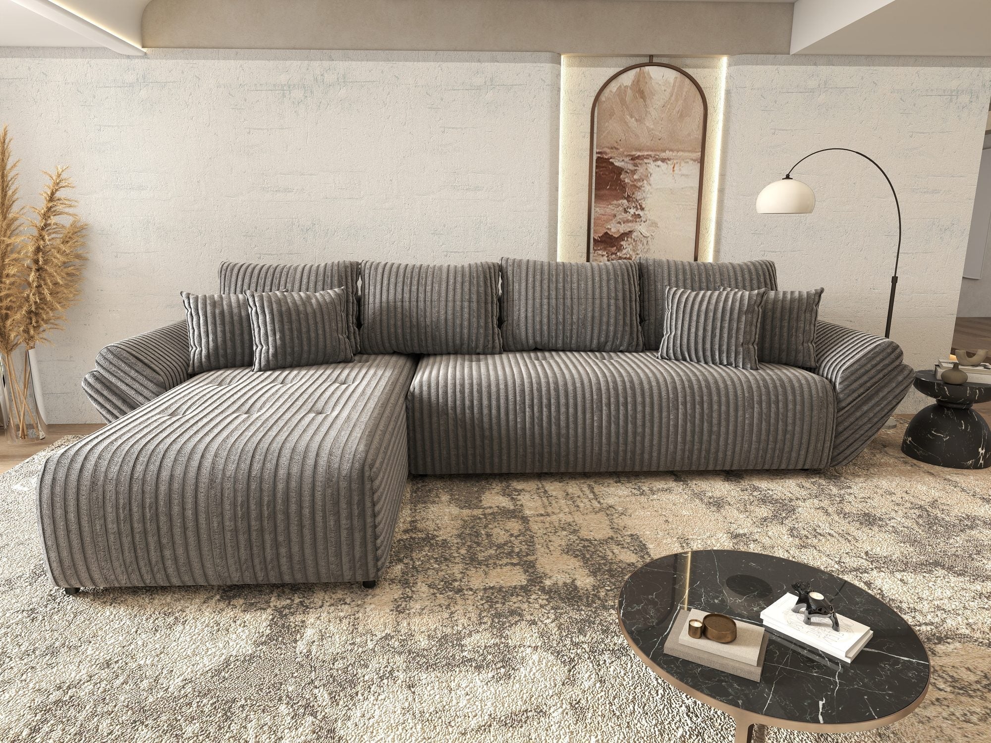 Colțar extensibil dumonde cu ladă de depozitare si sezut confortabil din spuma high-density, Berlin XL Tilia Gri 90 350x185 cm