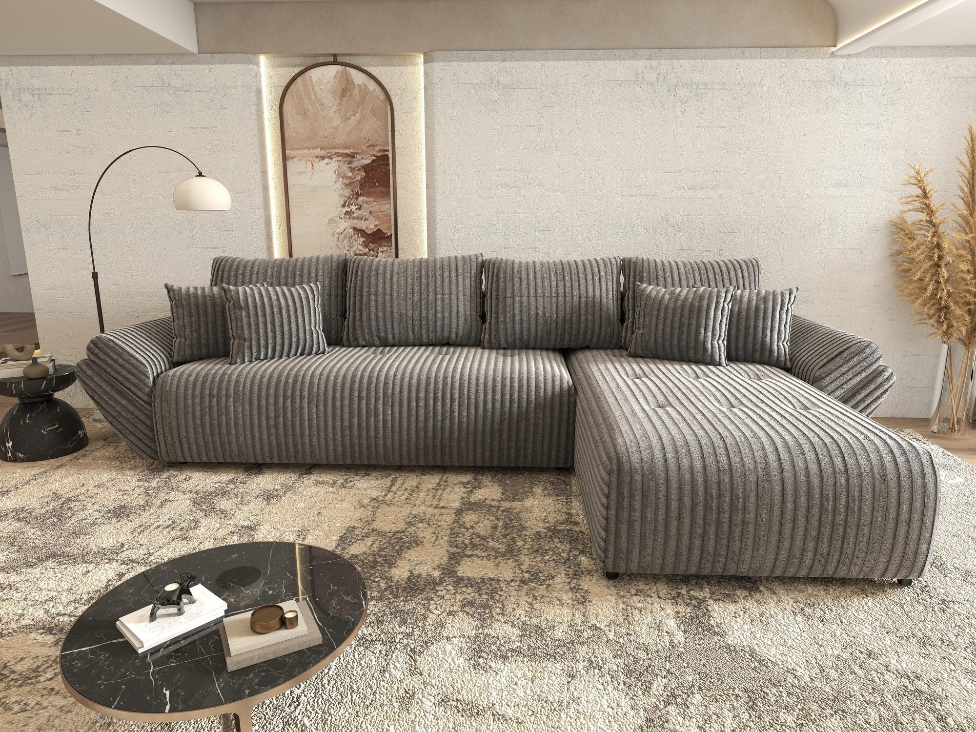 Colțar extensibil dumonde cu ladă de depozitare si sezut confortabil din spuma high-density, Berlin XL Tilia Gri 90 II 350x185 cm
