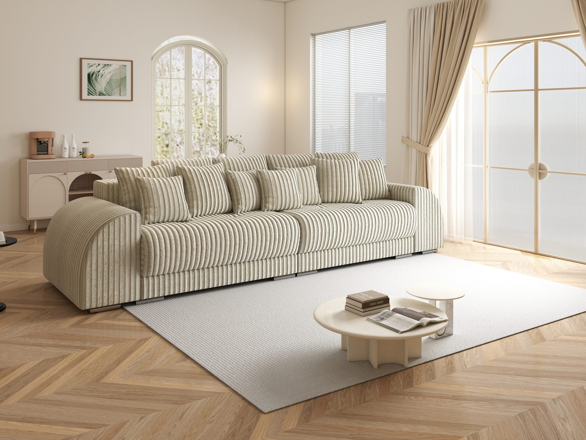 Canapea extensibilă dumonde cu 2 lăzi de depozitare si sezut confortabil din spuma high-density, Verona Tilia Bej 08 310x100 cm