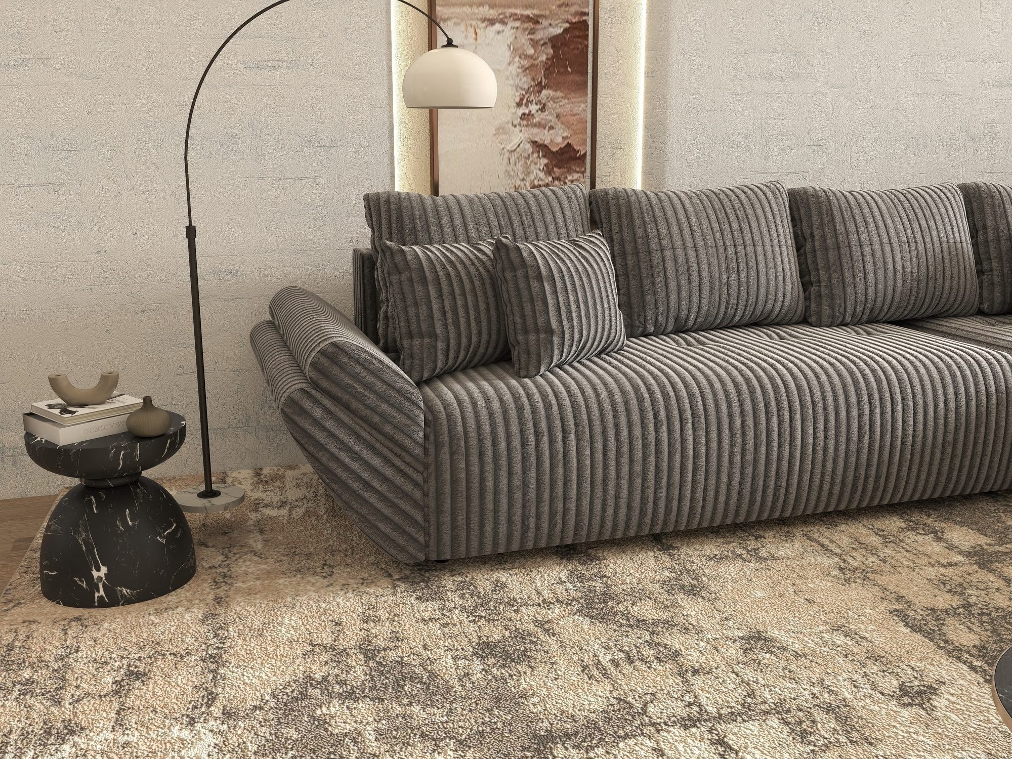 Colțar extensibil dumonde cu ladă de depozitare si sezut confortabil din spuma high-density, Berlin XL Tilia Gri 90 II 350x185 cm