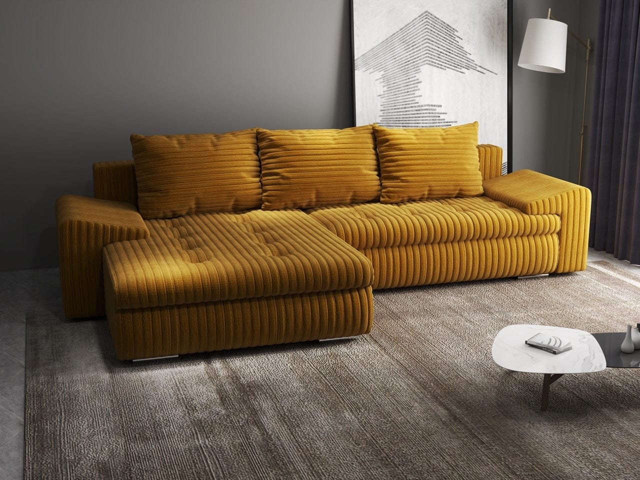 Colțar extensibil dumonde cu ladă de depozitare si sezut confortabil din spuma HR, Leonardo Ambience Mustar 260x185 cm Fabrica