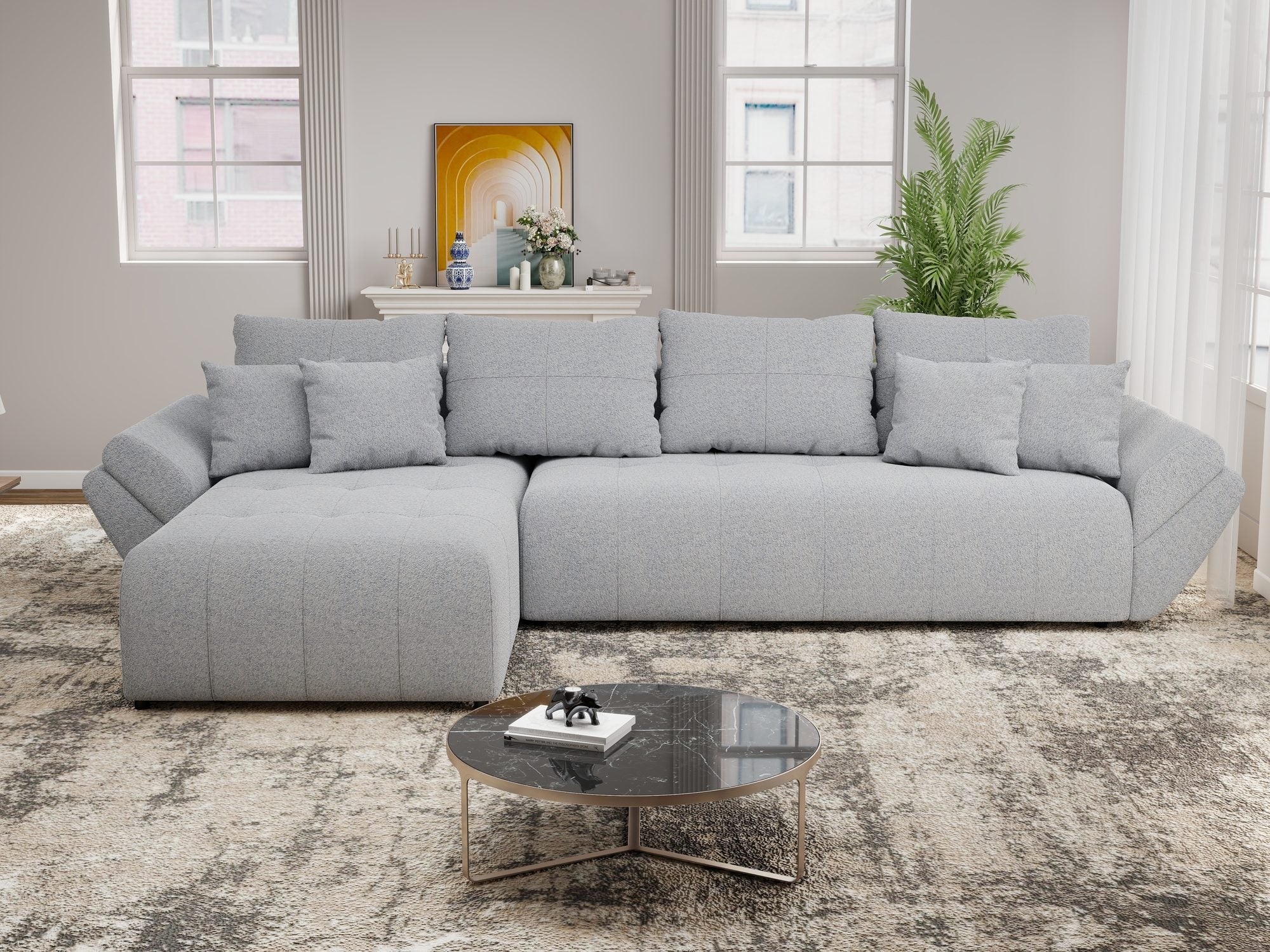 Colțar extensibil dumonde cu ladă de depozitare si sezut confortabil din spuma high-density, Berlin XL Monte Gri 84 350x185 cm