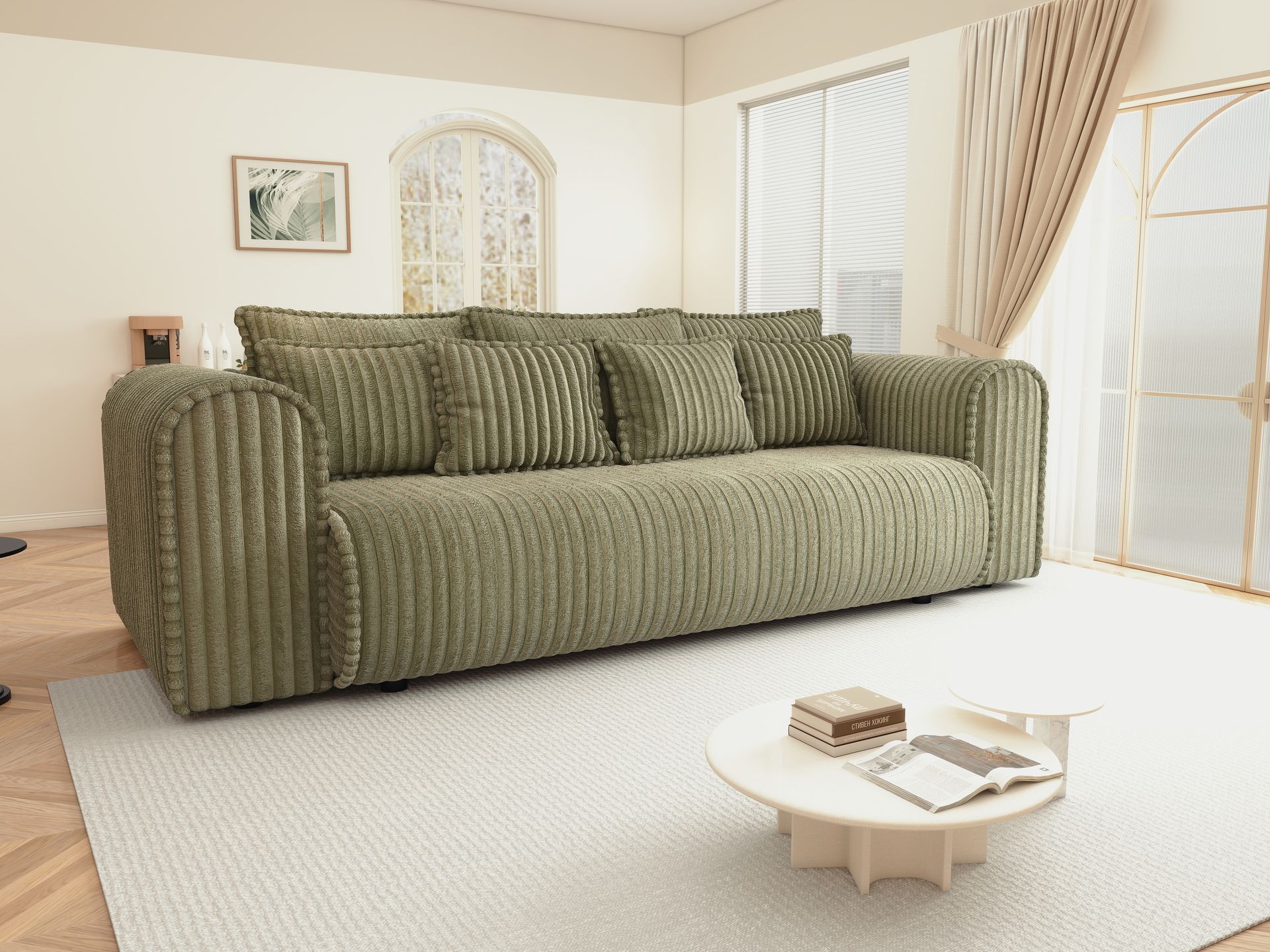 Canapea extensibilă dumonde cu ladă de depozitare si sezut confortabil din spuma high-density, Monaco Mica Tilia Olive 240x100 cm