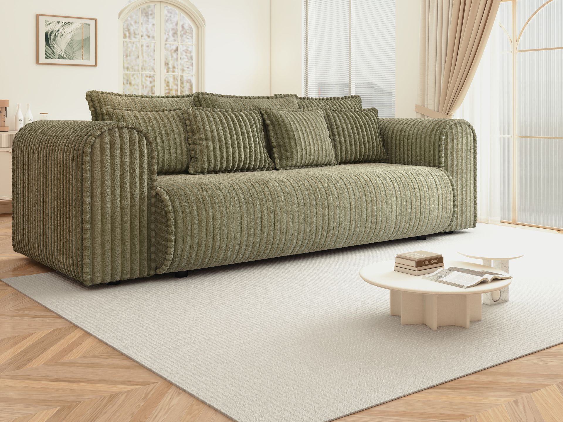 Canapea extensibilă dumonde cu ladă de depozitare si sezut confortabil din spuma high-density, Monaco Mica Tilia Olive 240x100 cm
