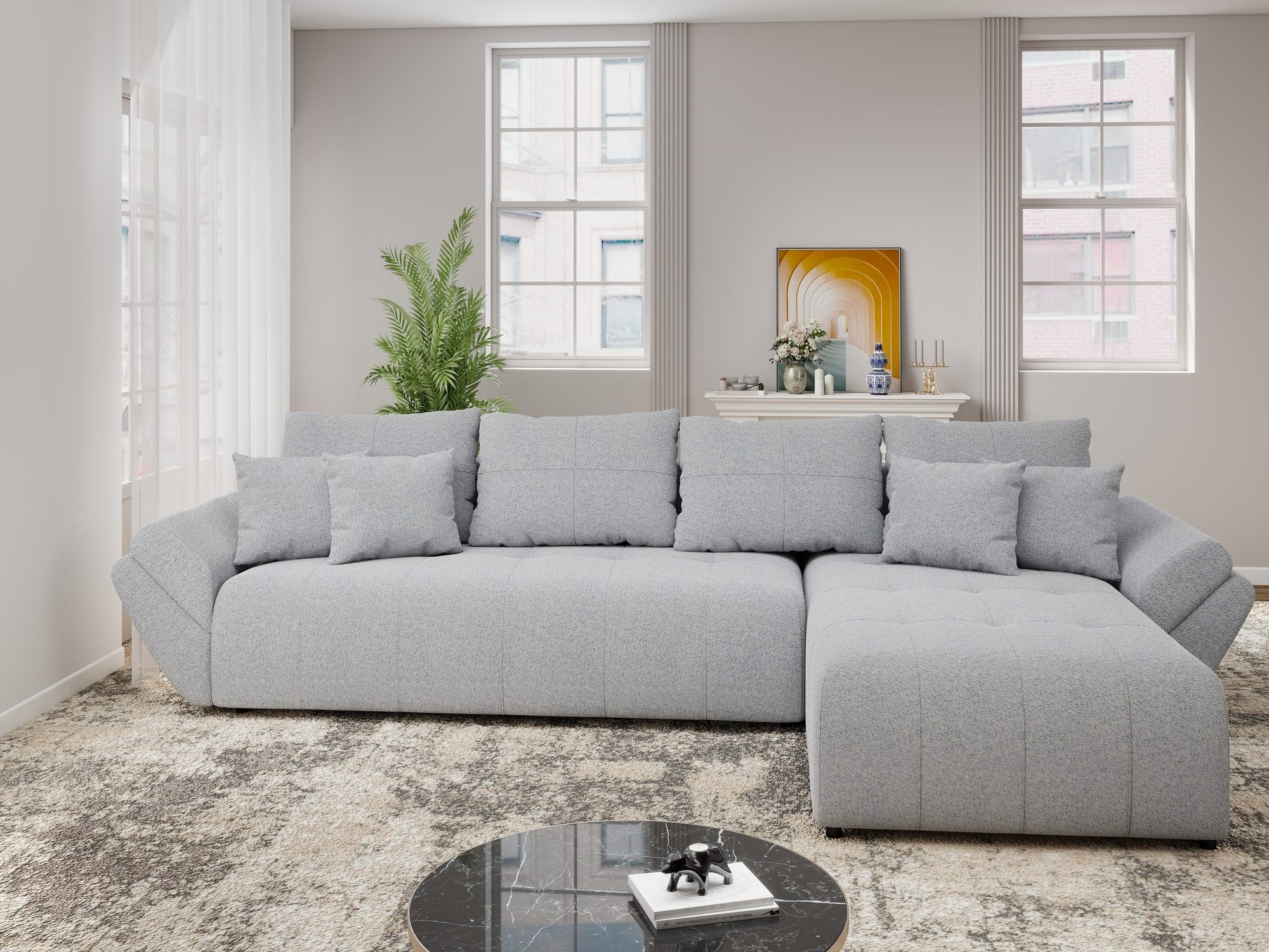 Colțar extensibil dumonde cu ladă de depozitare si sezut confortabil din spuma high-density, Berlin XL Monte Gri 84 II 350x185 cm