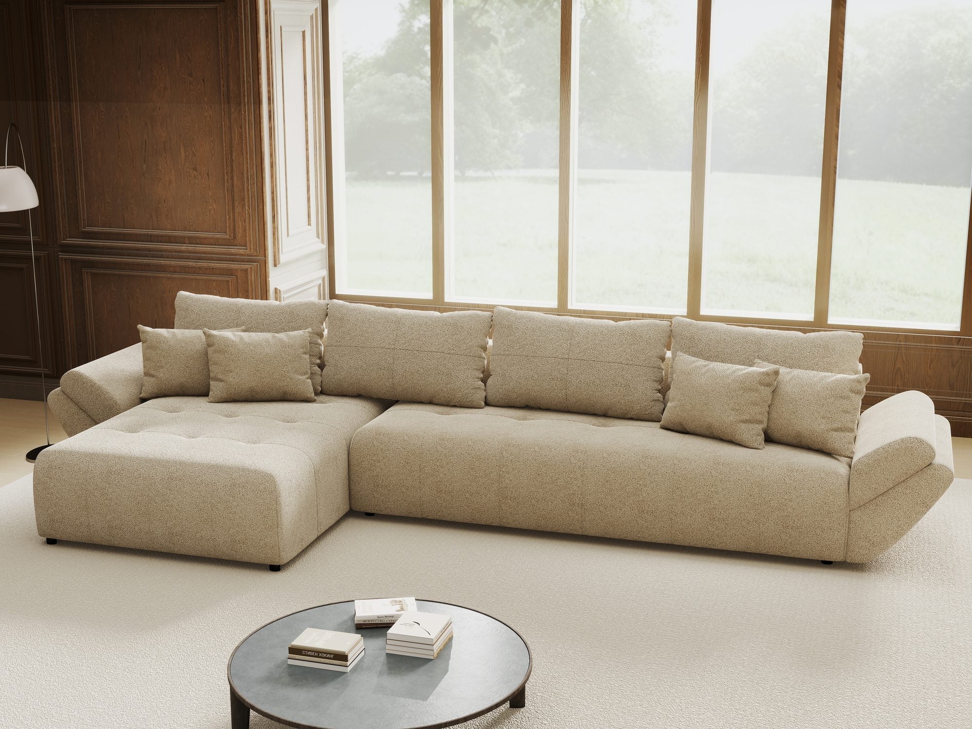 Colțar extensibil dumonde cu ladă de depozitare si sezut confortabil din spuma high-density, Berlin XL Quelle Bej 05 350x185 cm