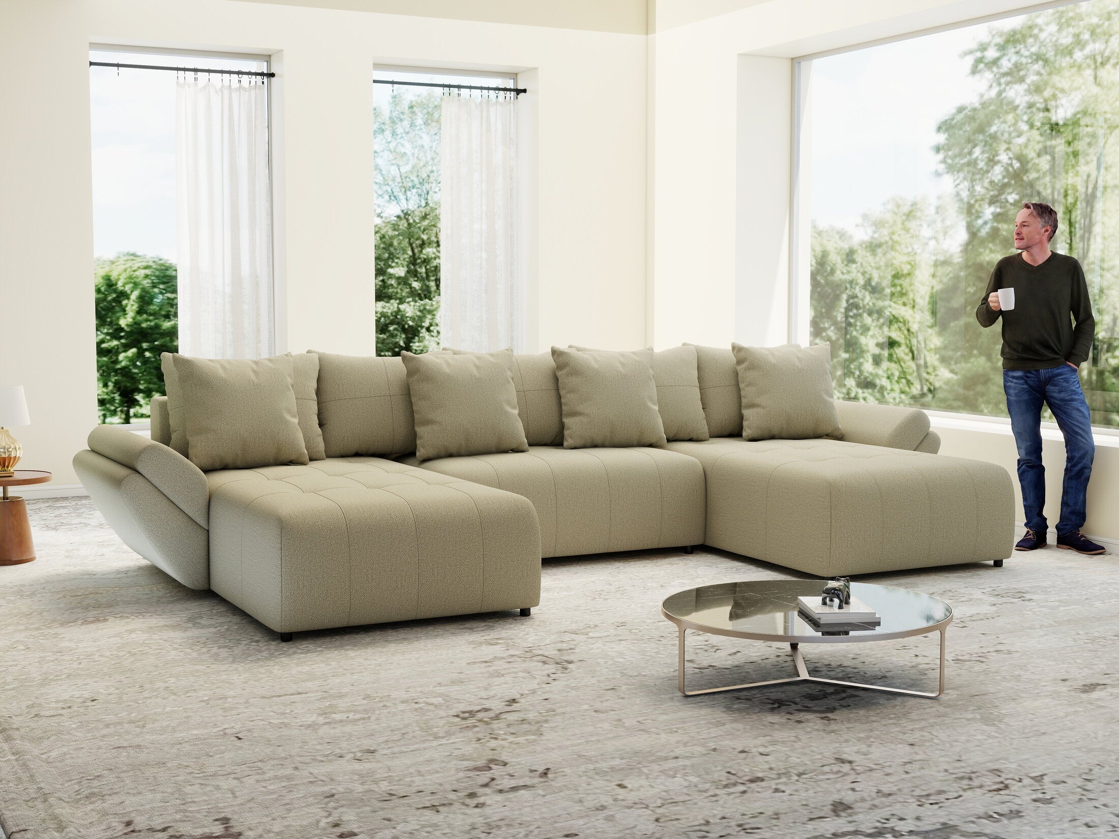 Colțar extensibil dumonde cu ladă de depozitare si sezut confortabil din spuma high-density, Berlin U Enjoy Camel 400x185 cm