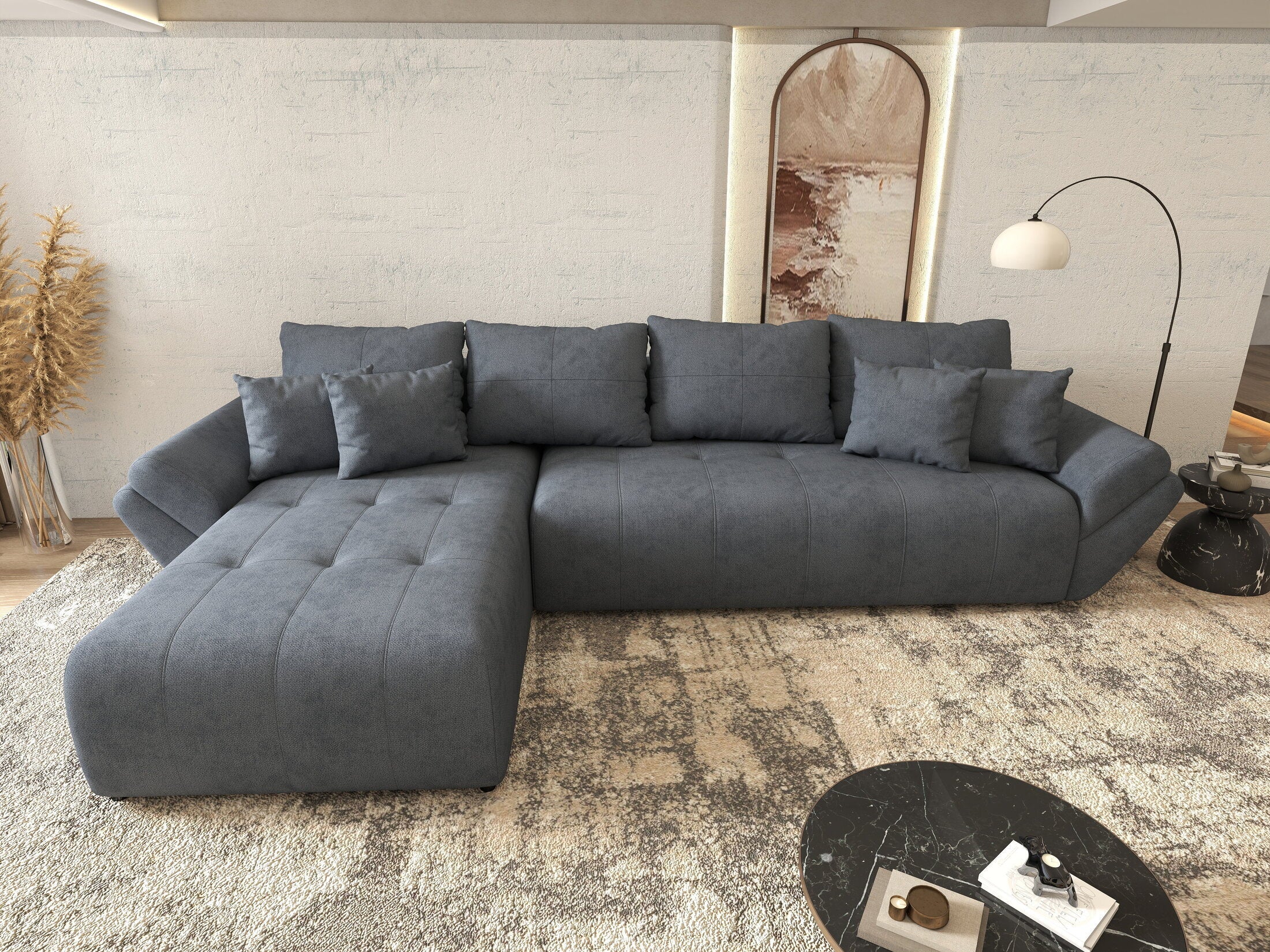 Colțar extensibil dumonde cu ladă de depozitare si sezut confortabil din spuma high-density, Berlin XL Enjoy Antracit 350x185 cm