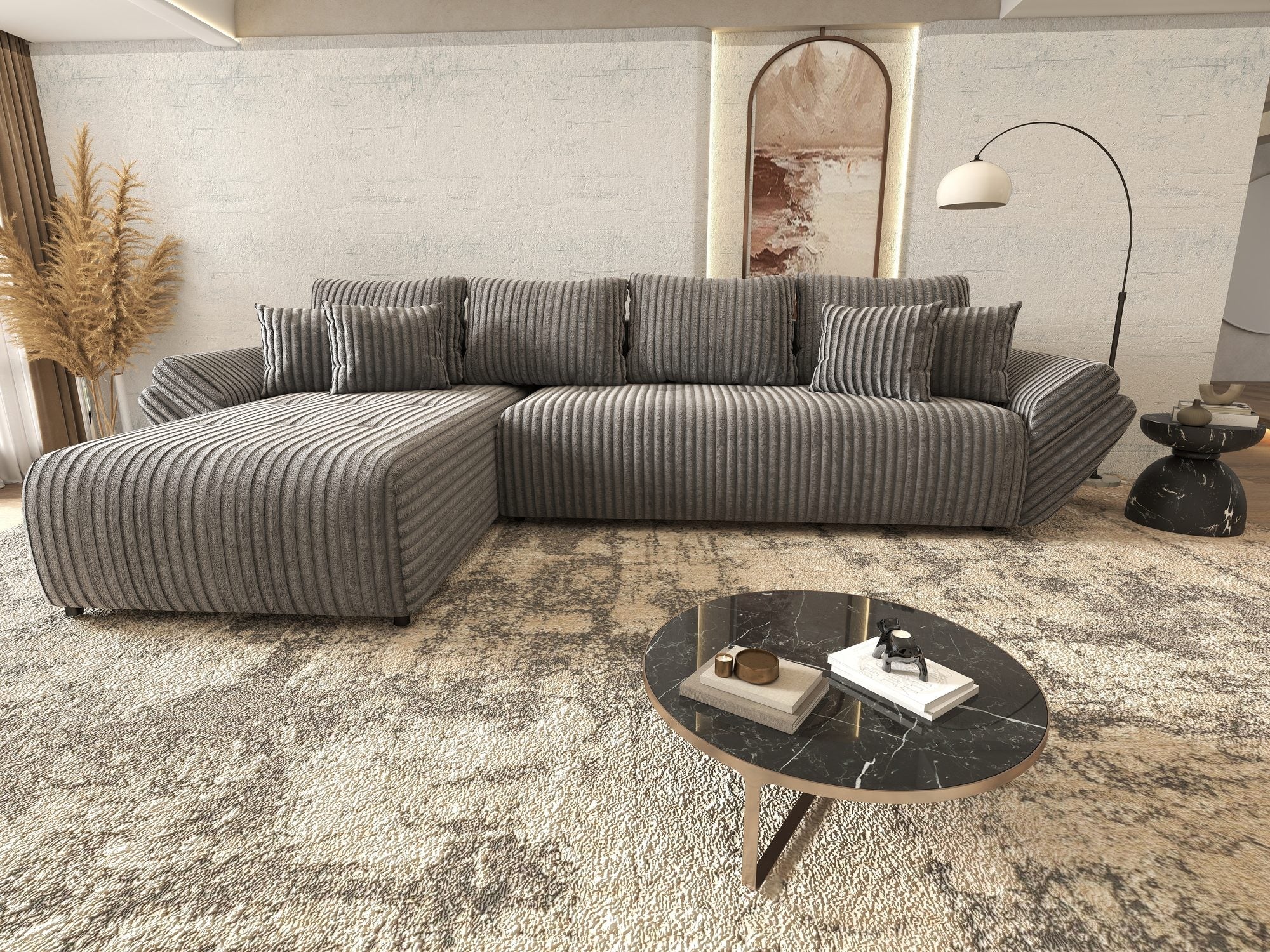Colțar extensibil dumonde cu ladă de depozitare si sezut confortabil din spuma high-density, Berlin XL Tilia Gri 90 350x185 cm