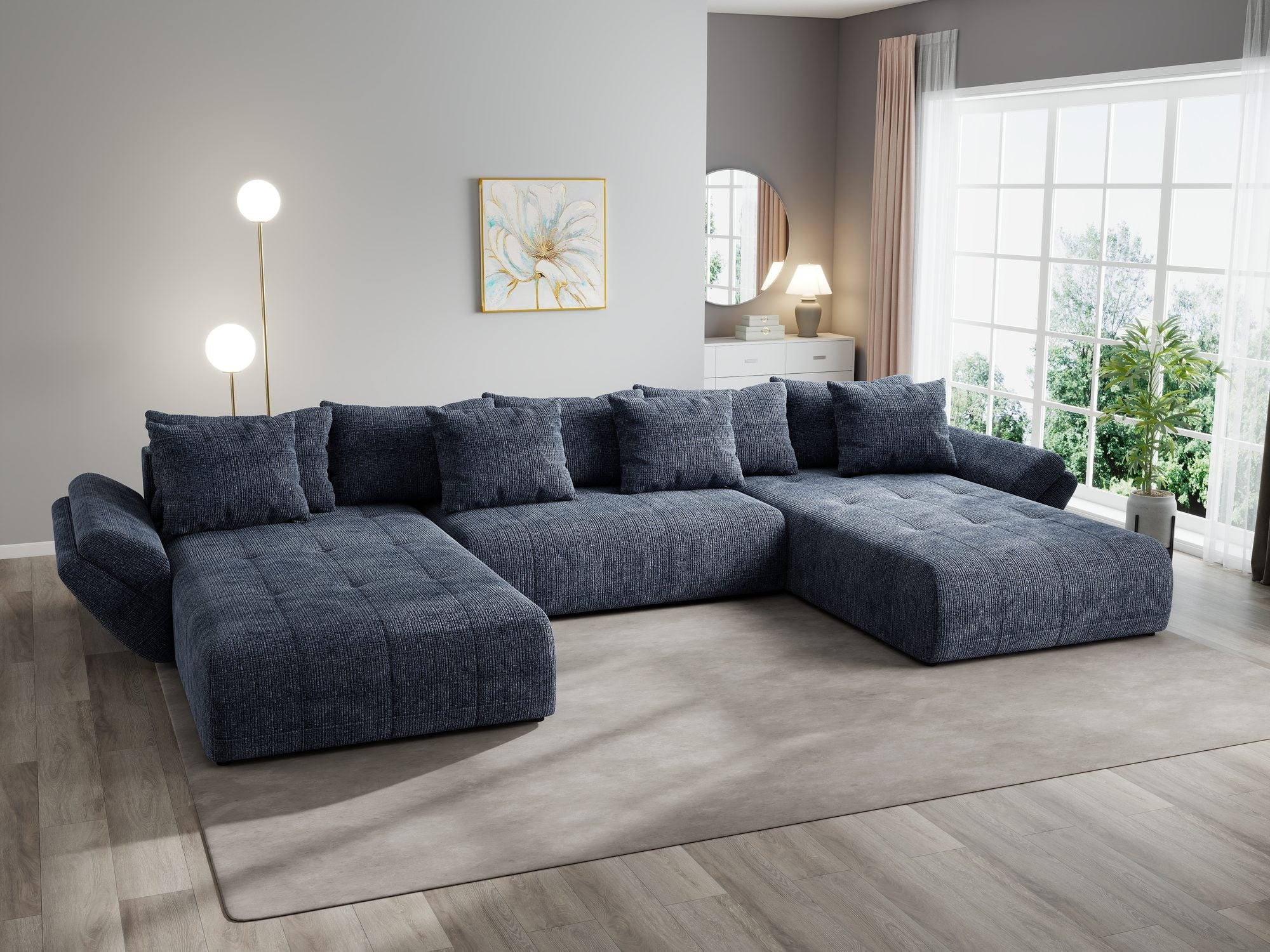 Colțar extensibil dumonde cu ladă de depozitare si sezut confortabil din spuma high-density, Berlin U Cremona Albastru 79 380x180 cm