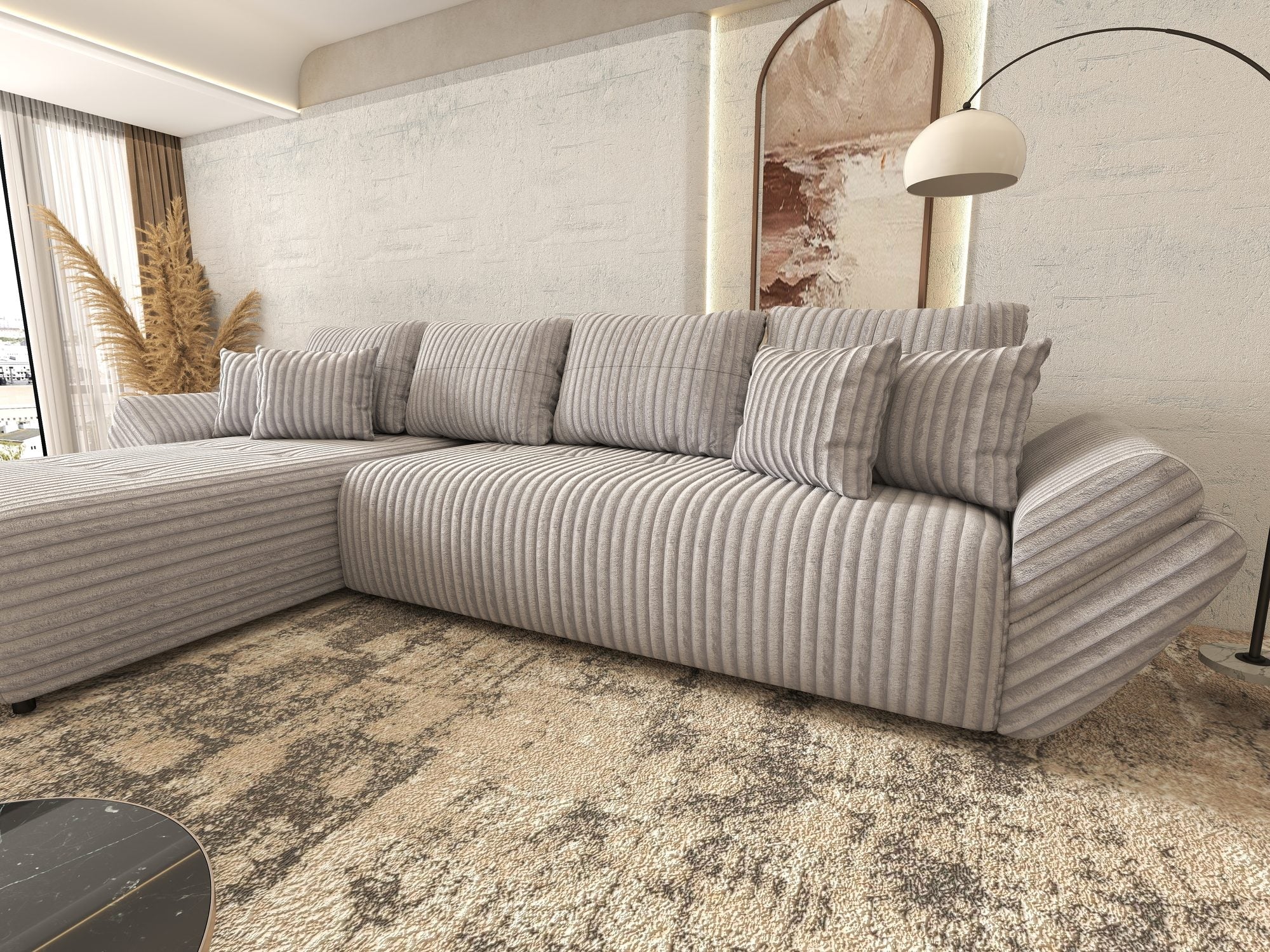 Colțar extensibil dumonde cu ladă de depozitare si sezut confortabil din spuma high-density, Berlin XL Tilia Gri 86 350x185 cm