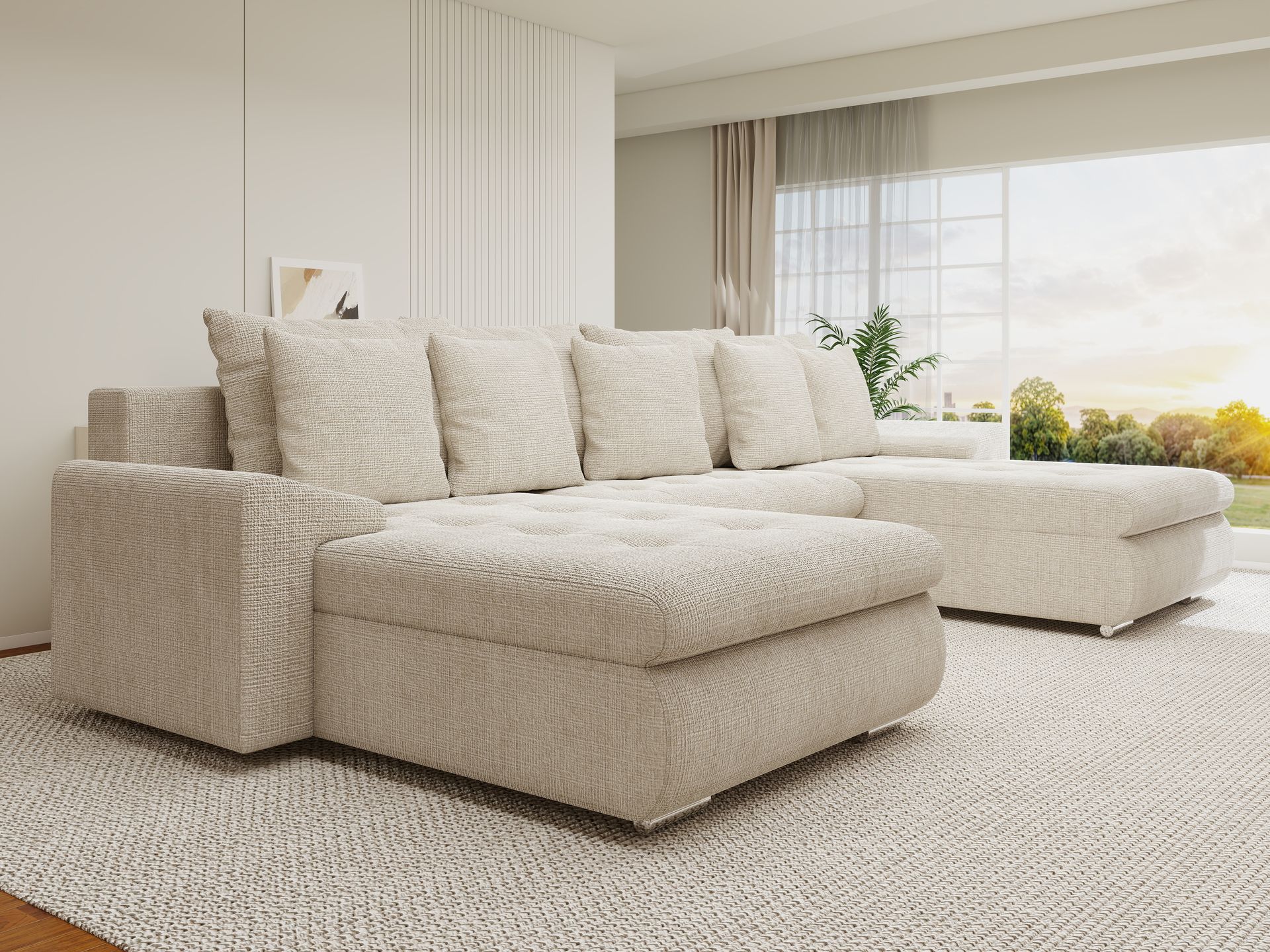 Colțar extensibil dumonde cu ladă de depozitare si sezut confortabil din spuma high-density, Leonardo U Cremona Gri Deschis 02 360x185 cm